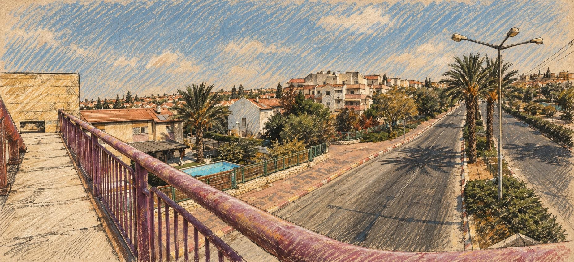 Courtroom-sketch editorial illustration of an archival view of a palm-lined street and homes in Ramot, Beersheba, from a pedestrian bridge, rendered in warm ochre and slate-blue pastel strokes; contextual city view, not the reported crime scene.