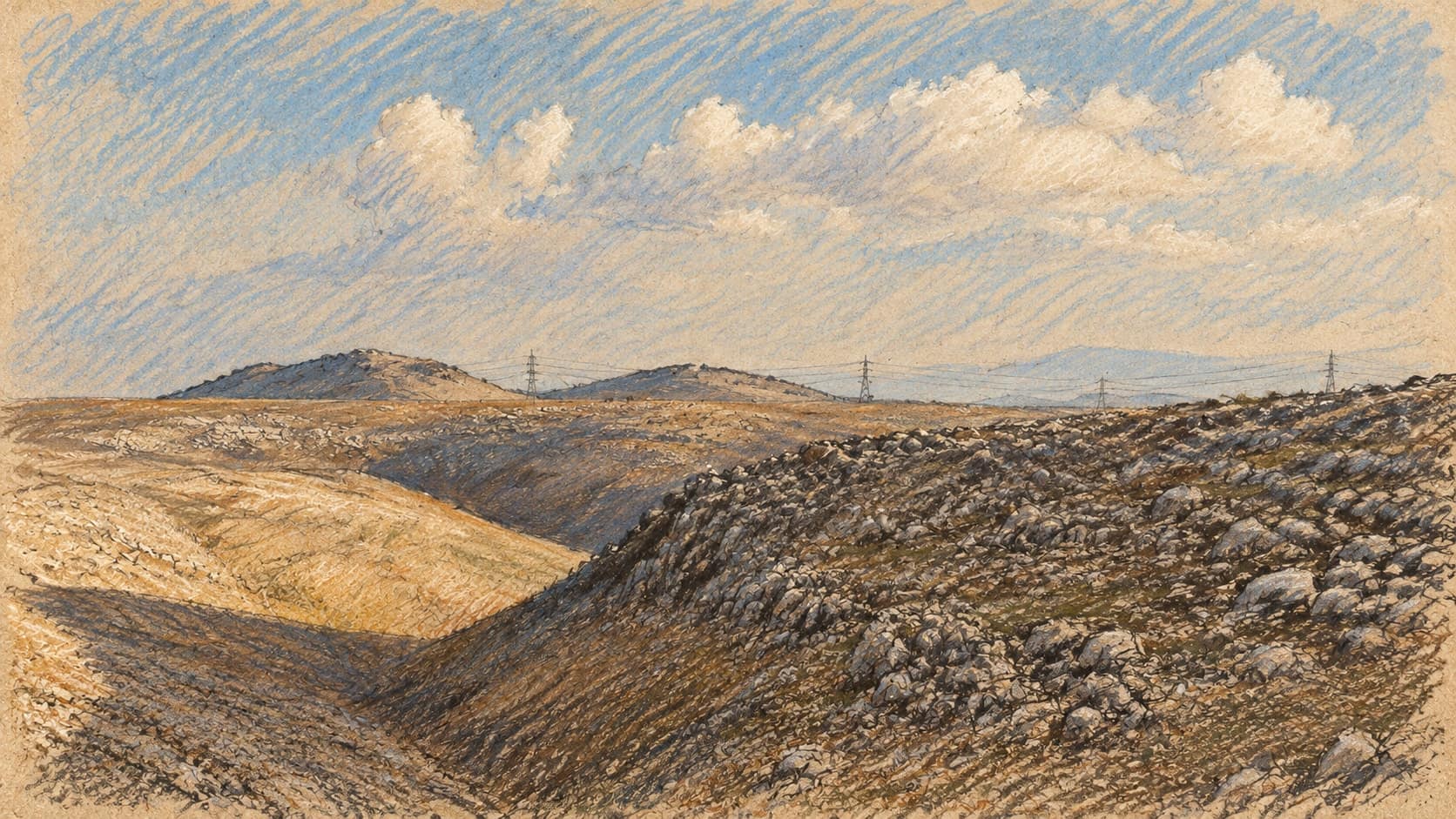 Courtroom-sketch editorial illustration of rocky ridges and a shadowed ravine in an archival February 2020 Upper Galilee landscape beneath white clouds; regional context, not a depiction of the October 2026 explosion or its precise location, rendered in warm ochre and slate-blue pastel strokes.