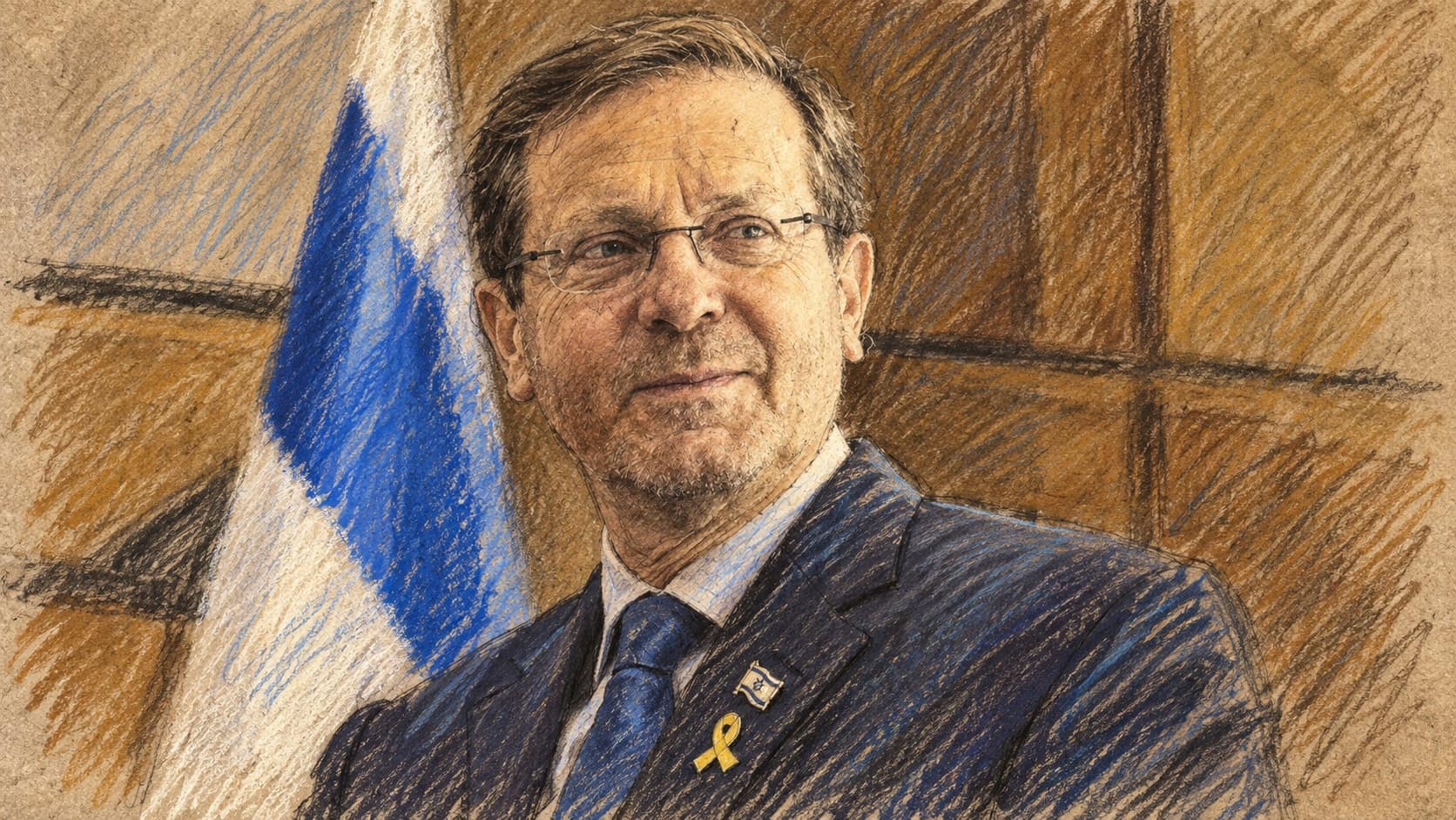 Courtroom-sketch editorial illustration of an archival June 2024 portrait of Isaac Herzog in a dark suit, blue tie and glasses before a partly visible Israeli flag and wood-paneled background in Tel Aviv; contextual portrait, not the October 2026 Israel Bonds award ceremony, rendered in warm ochre and slate-blue pastel strokes.