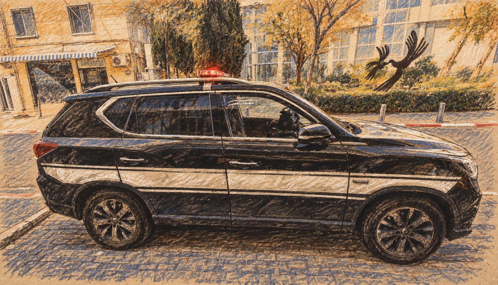 Courtroom-sketch editorial illustration of an archival Israel Police vehicle parked on a Tel Aviv street in February 2026, rendered in warm ochre and slate-blue pastel strokes; contextual imagery, not the October arrests.