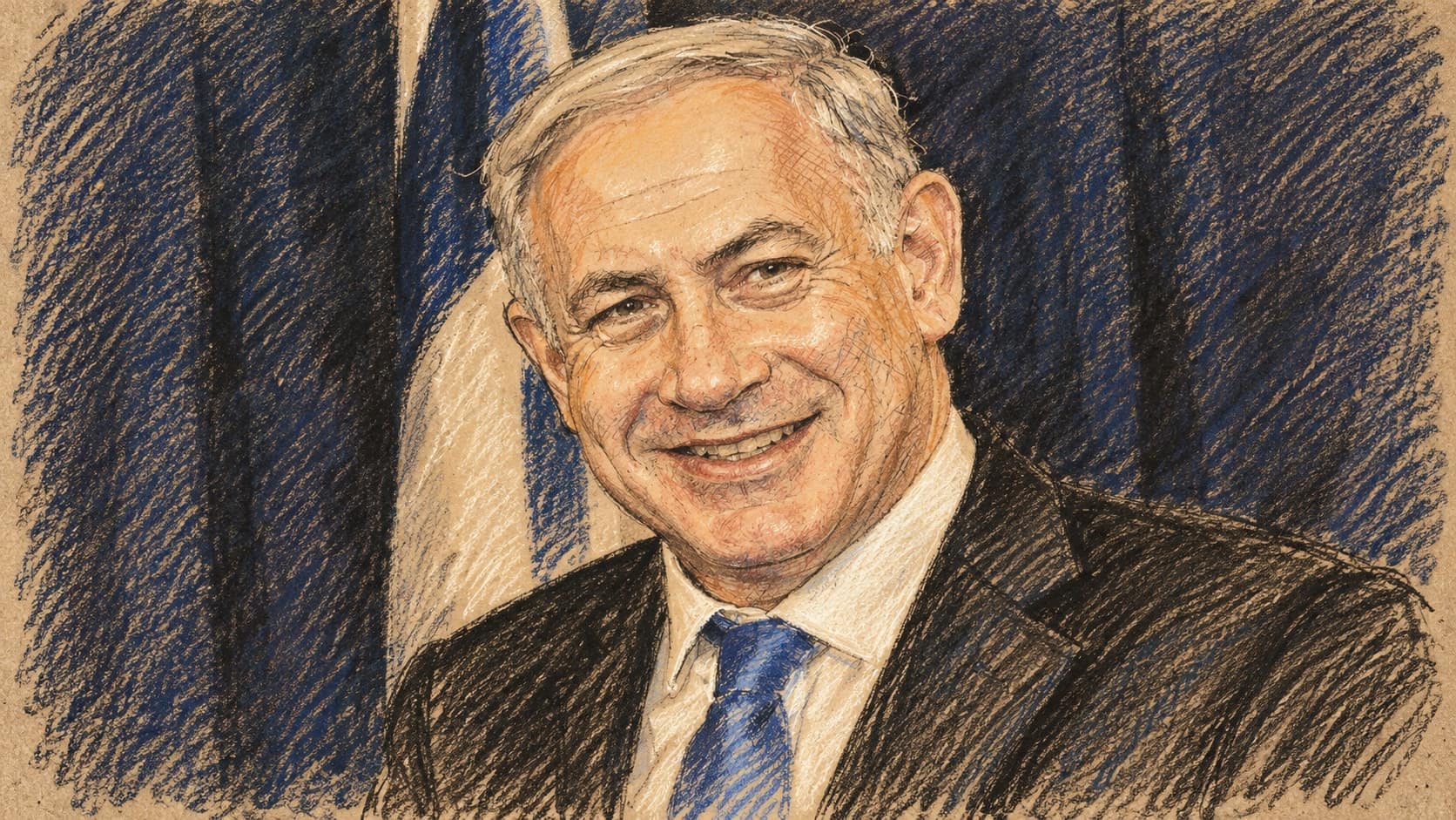 Courtroom-sketch editorial illustration of an archival 2012 portrait of Benjamin Netanyahu in a dark suit and blue tie against a dark curtain and partial flag, rendered in warm ochre and slate-blue pastel strokes; contextual portrait, not the October 2026 interview.