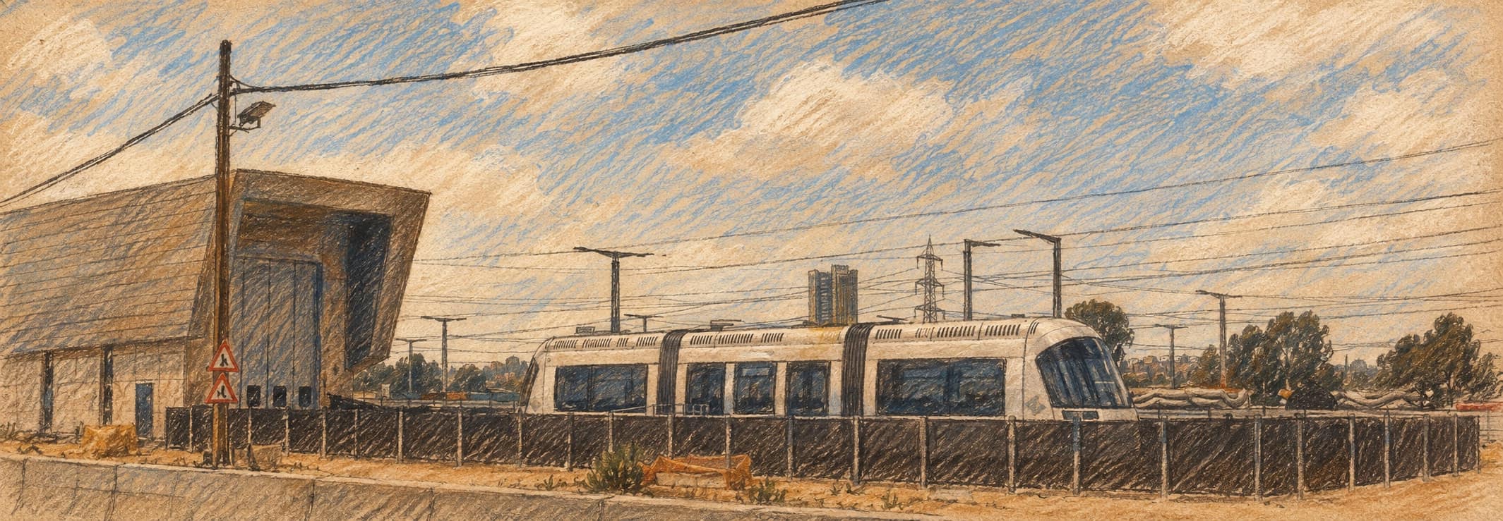Courtroom-sketch editorial illustration of an archival Tel Aviv Light Rail carriage beside its depot near Petah Tikva in April 2018, providing context for the network rather than depicting the alleged Bnei Brak arrest, rendered in warm ochre and slate-blue pastel strokes.