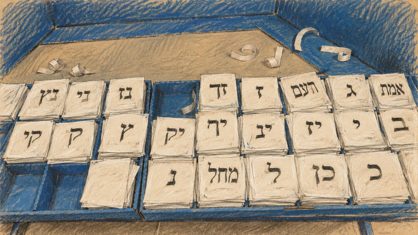 Courtroom-sketch editorial illustration of an archival March 2020 view of Israeli ballot slips stacked in a blue polling-booth tray in Ramat Gan; electoral context, not a depiction of the October 2026 surplus-vote dispute, rendered in warm ochre and slate-blue pastel strokes.
