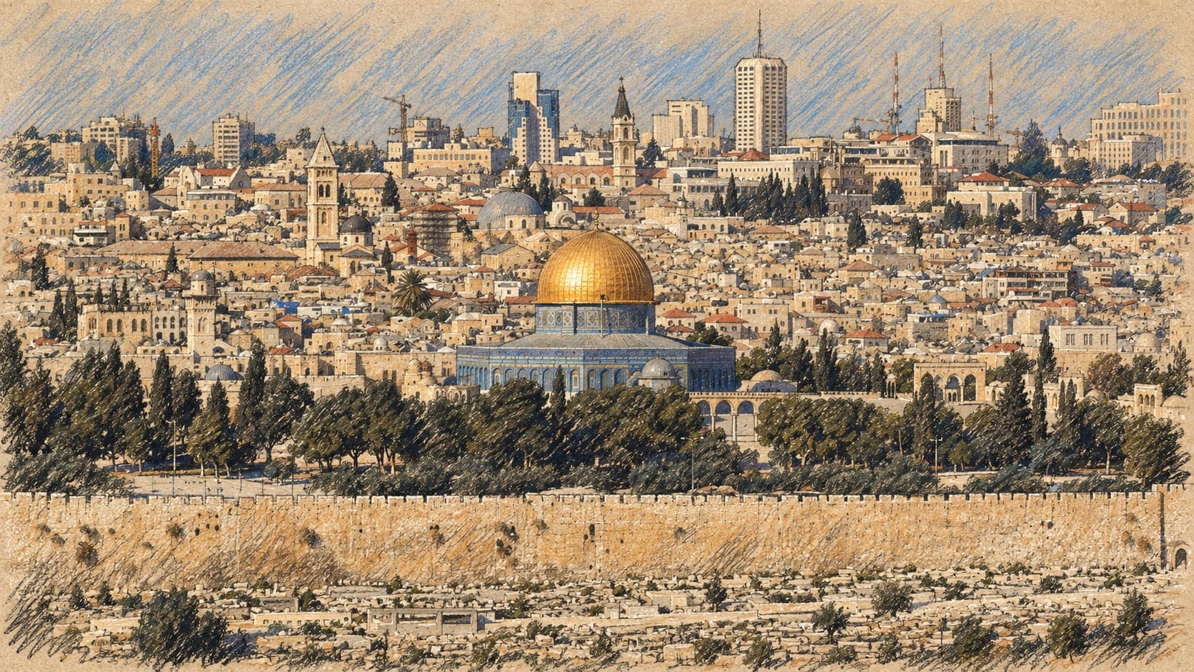 Courtroom-sketch editorial illustration of an archival 2008 view of Jerusalem, with the Dome of the Rock, Old City walls and city skyline, rendered in warm ochre and slate-blue pastel strokes; contextual illustration, not the embassy reception.