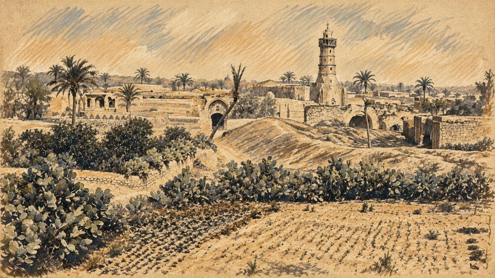 Courtroom-sketch editorial illustration of Francis Frith’s archival 1857 view of Gaza Old Town, with a minaret, low stone buildings, palms and prickly-pear cacti; historical geographic context, not a depiction of the October 2026 strike, its target, hostages or the city’s current condition, rendered in warm ochre and slate-blue pastel strokes.