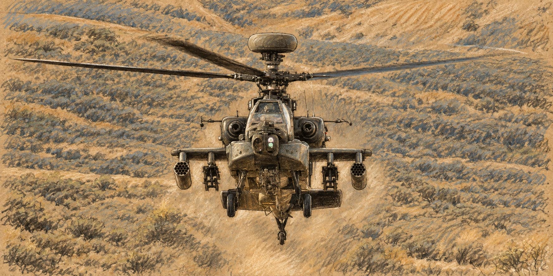 Courtroom-sketch editorial illustration of an archival U.S. Army AH-64E Apache hovering head-on above scrub-covered hills at Yakima Training Center, rendered in warm ochre and slate-blue pastel strokes.