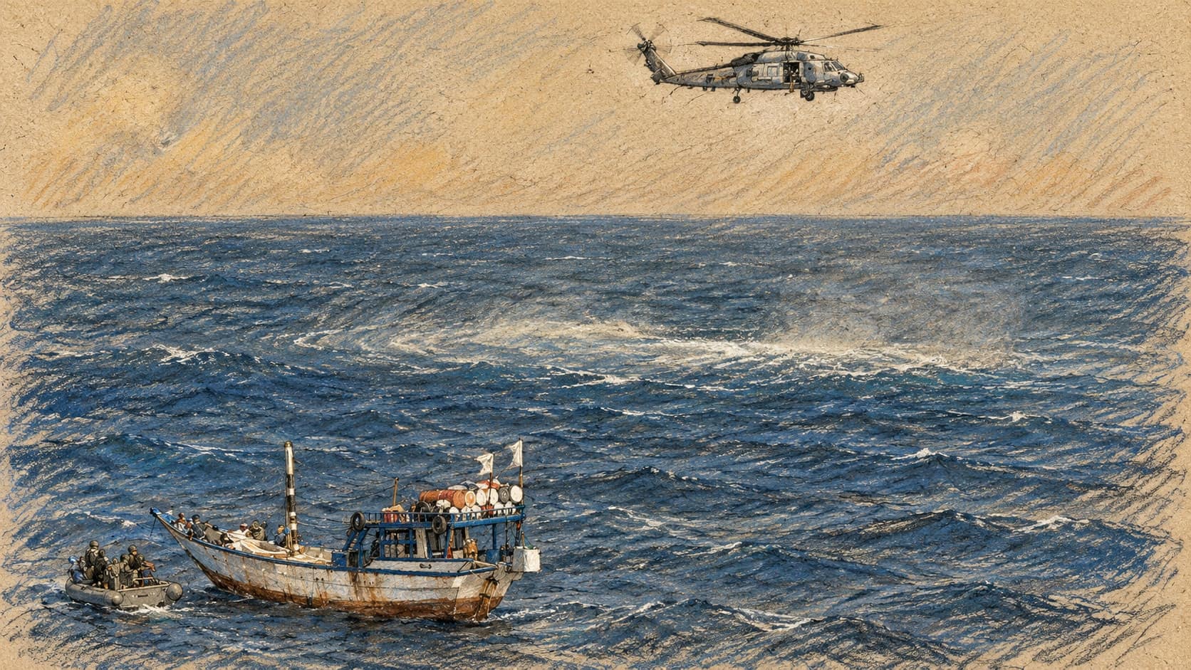 Courtroom-sketch editorial illustration of a wooden fishing dhow beside a U.S. Navy inflatable boat with a helicopter above the Gulf of Oman, based on an archival February 2009 Navy photograph, rendered in warm ochre and slate-blue pastel strokes; contextual imagery, not the October 2026 vessel destruction.
