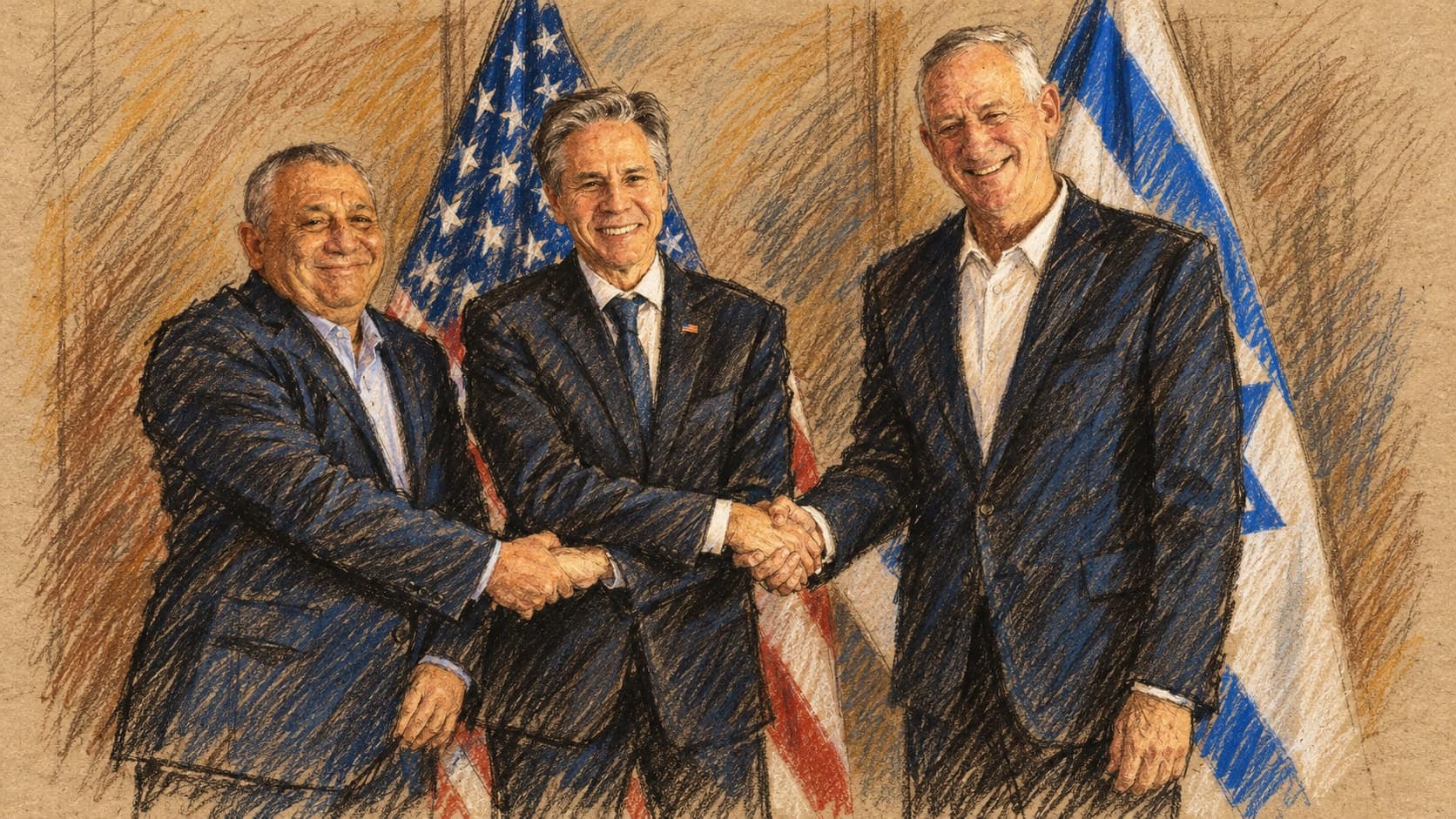 Courtroom-sketch editorial illustration of Gadi Eisenkot at left, Antony Blinken in the center and Benny Gantz at right, standing in suits with a three-way handshake before U.S. and Israeli flags, based on an archival February 2024 official photograph, rendered in warm ochre and slate-blue pastel strokes; contextual imagery, not the October 2026 campaign briefing.
