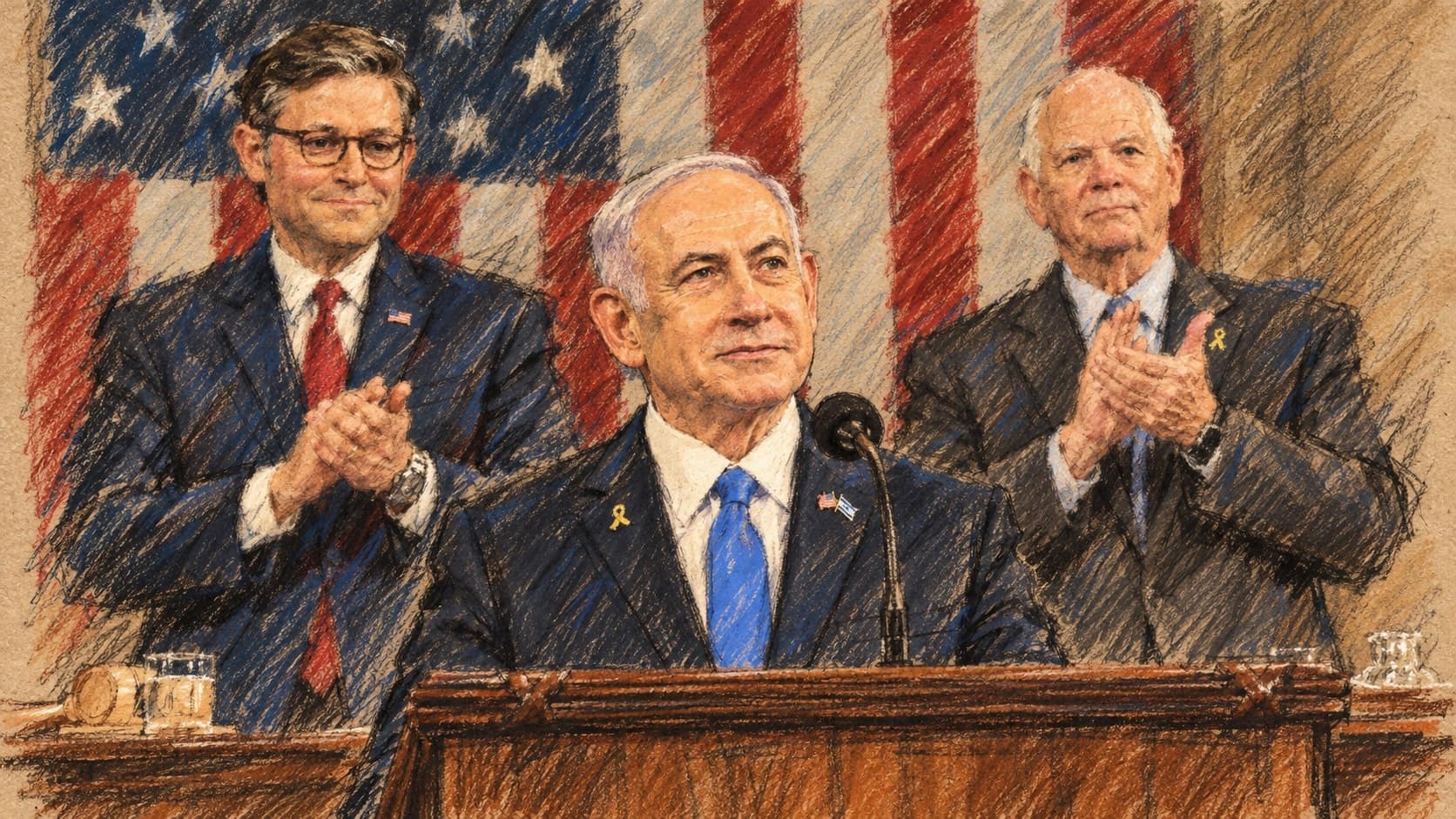 Courtroom-sketch editorial illustration of an archival July 2024 congressional address by Benjamin Netanyahu, with Mike Johnson and Ben Cardin applauding behind him, rendered in warm ochre and slate-blue pastel strokes; contextual artwork, not the October 2026 border visit.