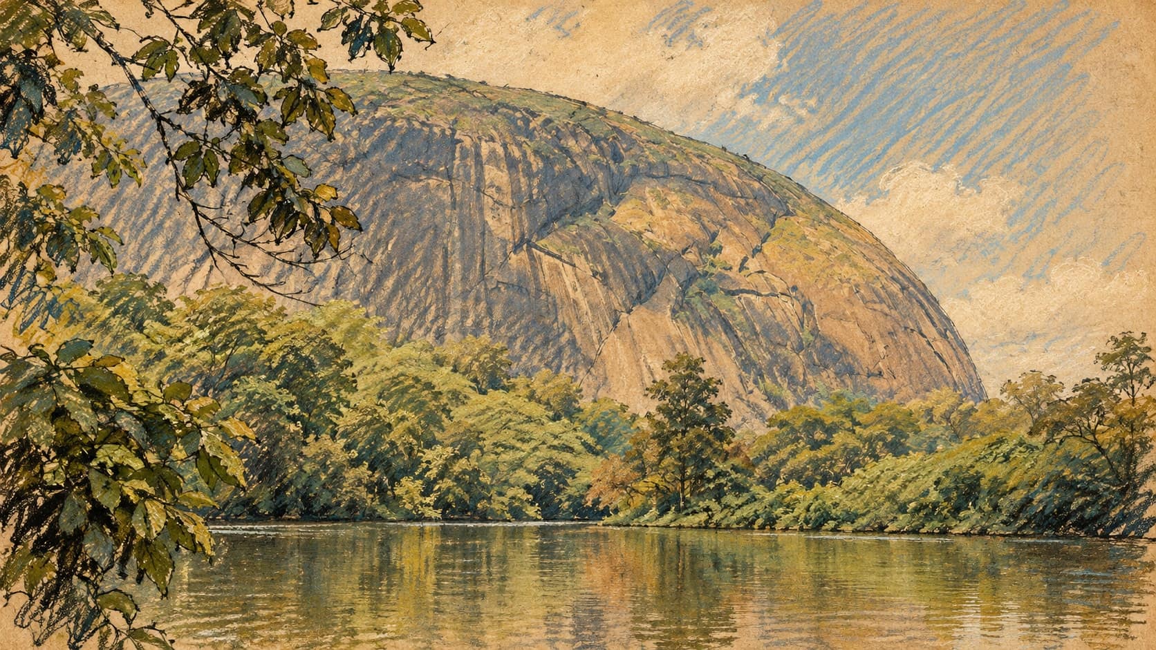 Courtroom-sketch editorial illustration of Aso Rock above a tree-lined lake in Abuja, based on a July 2026 reference for geographic context; it does not depict the arrest, rendered in warm ochre and slate-blue pastel strokes.