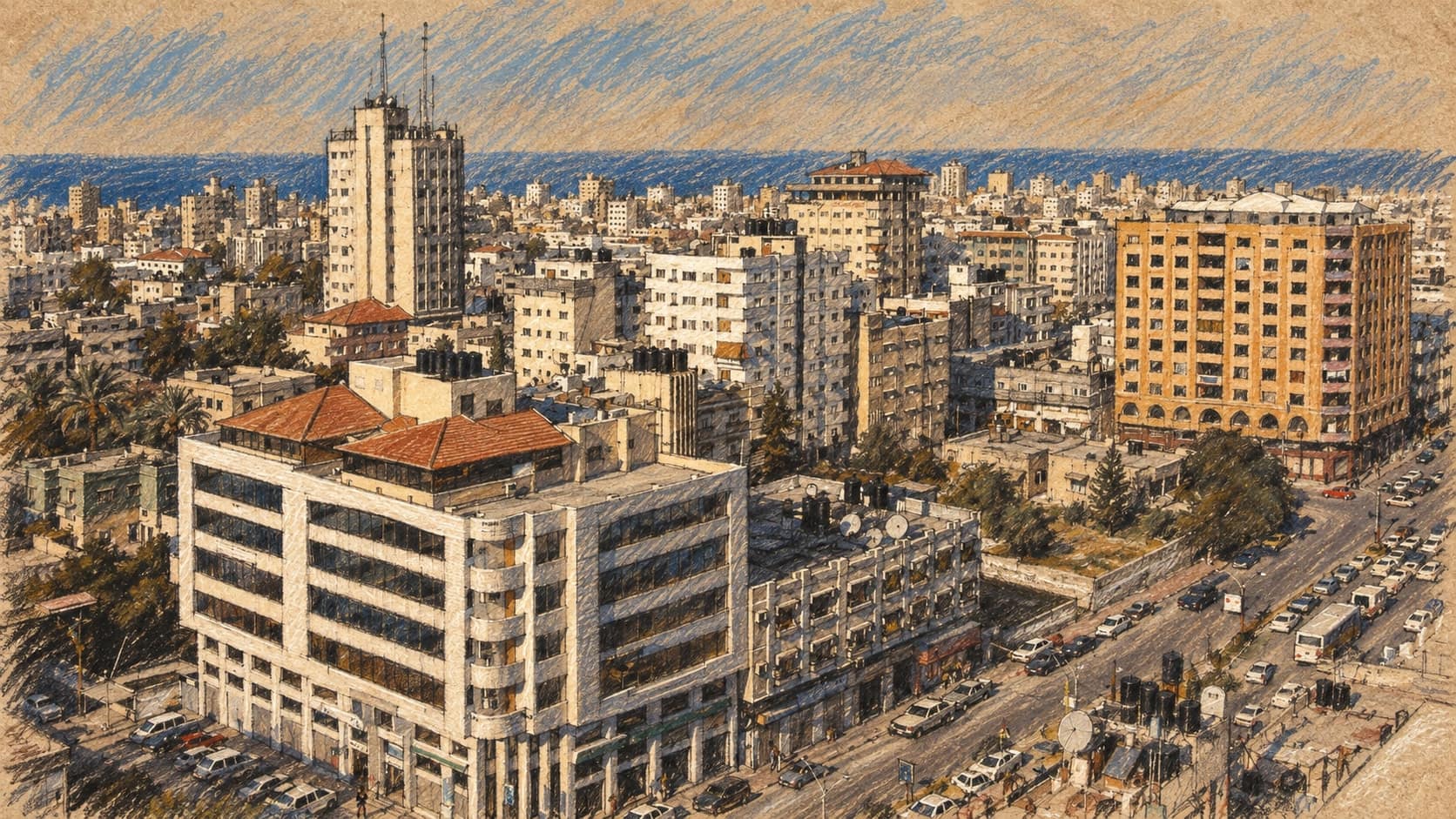 Courtroom-sketch editorial illustration of an archival 2007 panorama of Gaza City, with mid-rise buildings, a road and the distant sea, rendered in warm ochre and slate-blue pastel strokes; geographical context, not the October 2026 strike scene.