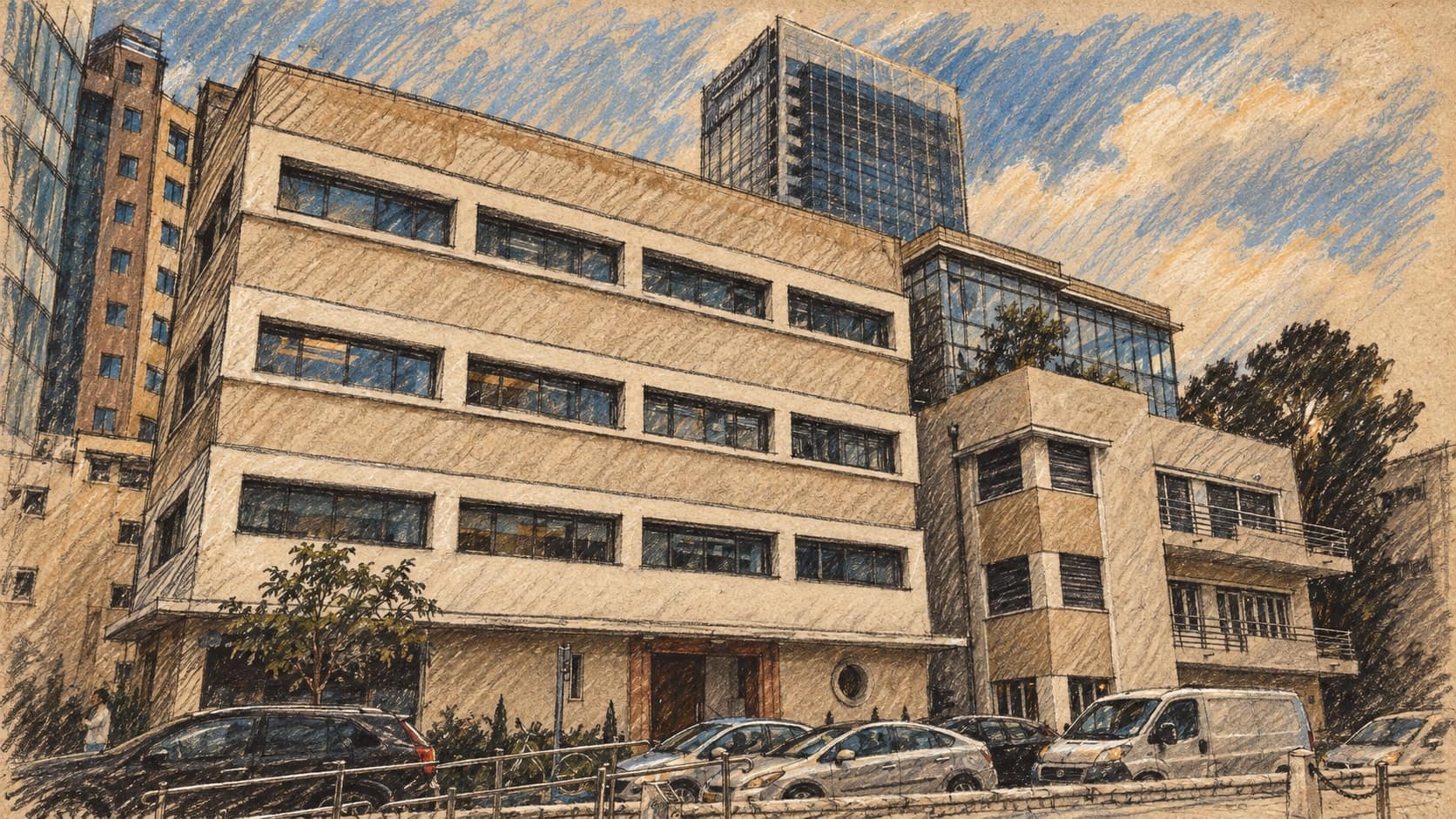 Courtroom-sketch editorial illustration of an archival 2016 exterior view of 18 and 20 Rothschild Boulevard in Tel Aviv, with parked vehicles and a tower behind; geographic context, not the Left Bank club or the alleged October 2026 campaign-office incident, rendered in warm ochre and slate-blue pastel strokes.