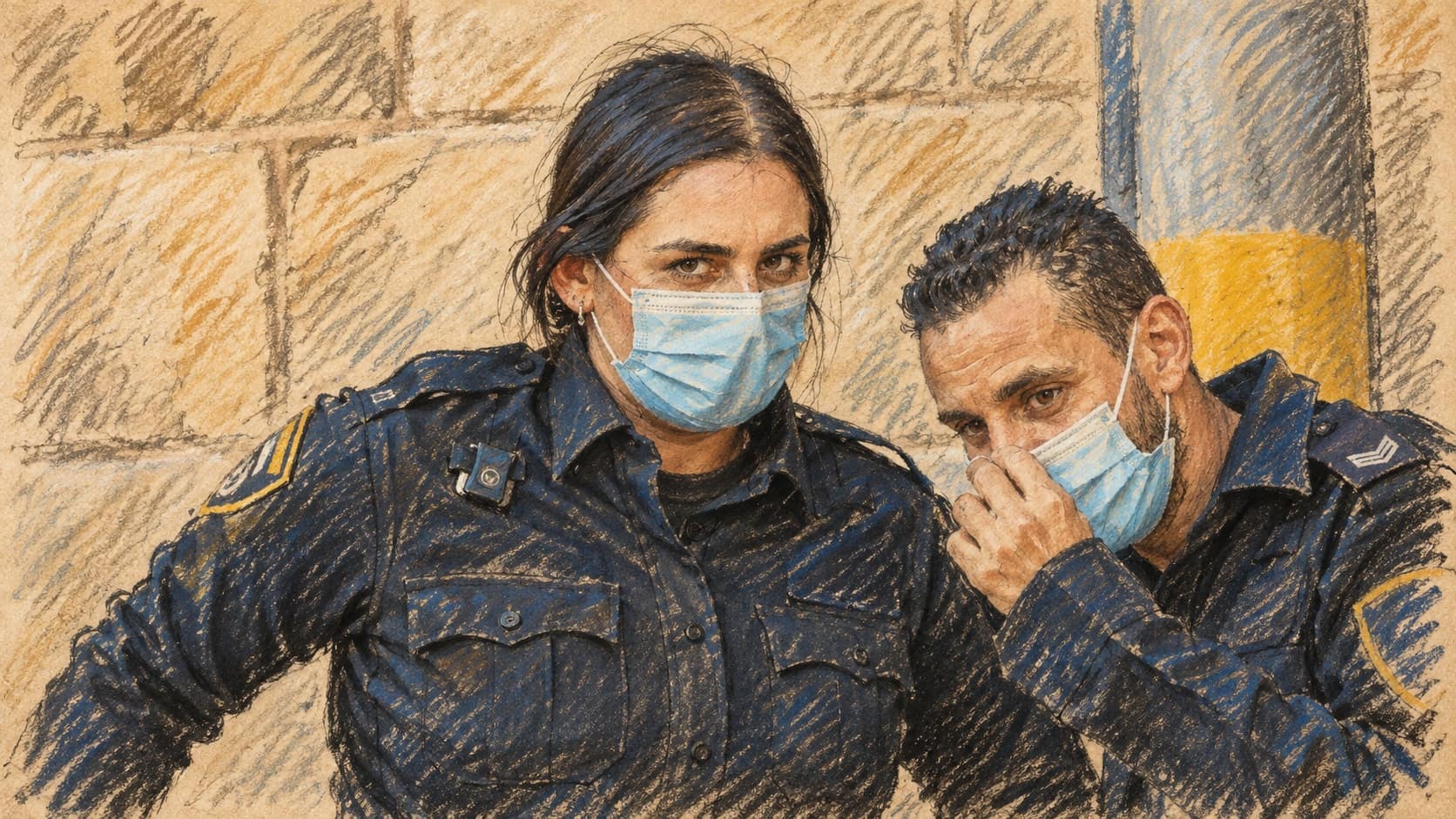 Courtroom-sketch editorial illustration of an archival August 2020 view of two masked Israeli police officers beside a stone wall in Jerusalem, rendered in warm ochre and slate-blue pastel strokes; contextual imagery, not a depiction of the Kafr Qara search.