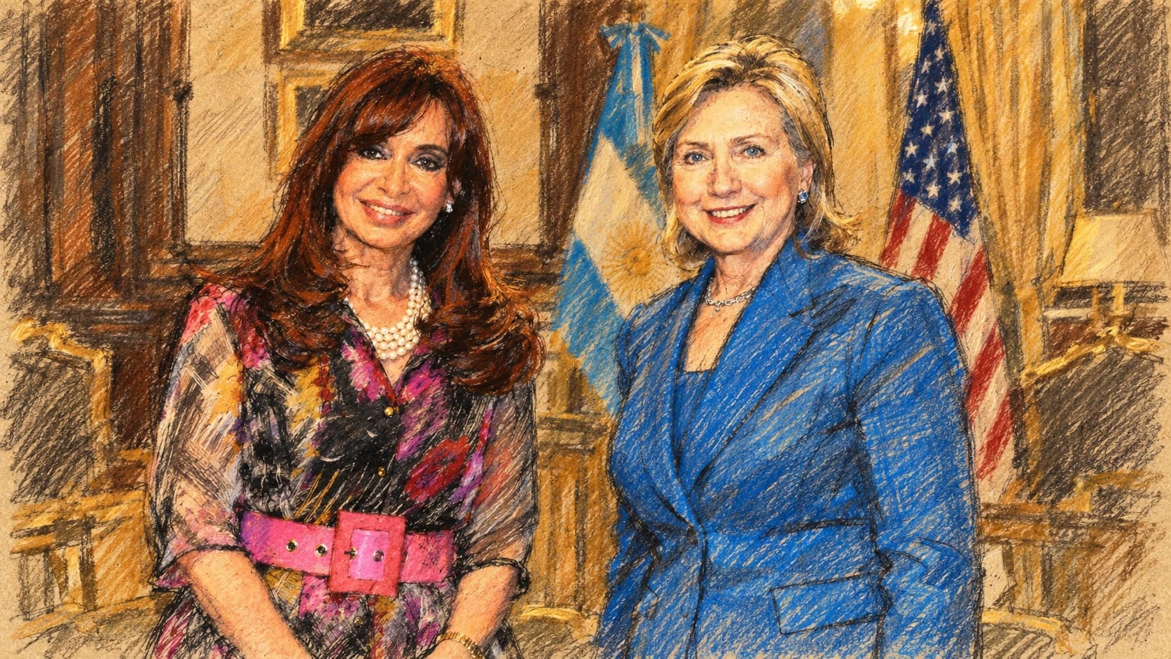 Courtroom-sketch editorial illustration of Cristina Fernández de Kirchner at left and Hillary Clinton at right in an archival March 2010 official portrait in Buenos Aires, with Argentine and United States flags behind them; contextual portrait, not a depiction of the October 2026 party statement or detention, rendered in warm ochre and slate-blue pastel strokes.