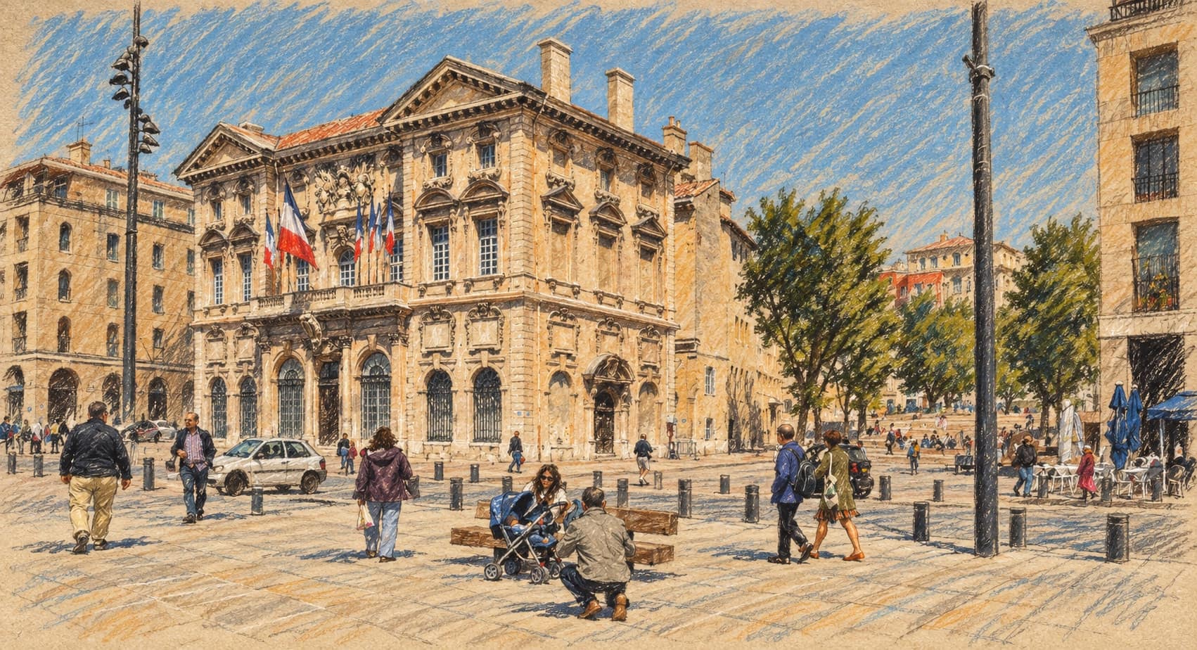 Courtroom-sketch editorial illustration of Marseille city hall and pedestrians in an archival May 2015 exterior view, offered as institutional context rather than a depiction of the October 2026 protests or intrusion, rendered in warm ochre and slate-blue pastel strokes.