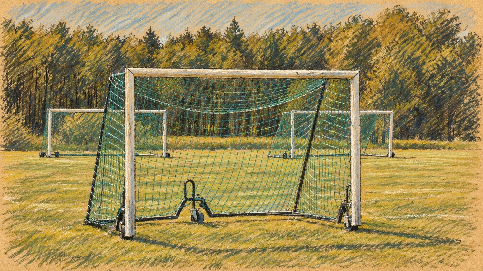 Courtroom-sketch editorial illustration of an empty soccer practice field with three white goals and trees, rendered in warm ochre and slate-blue pastel strokes; contextual archival May 2019 scene in Brastad, Sweden, not Wichita or the October 2026 vehicle incident.