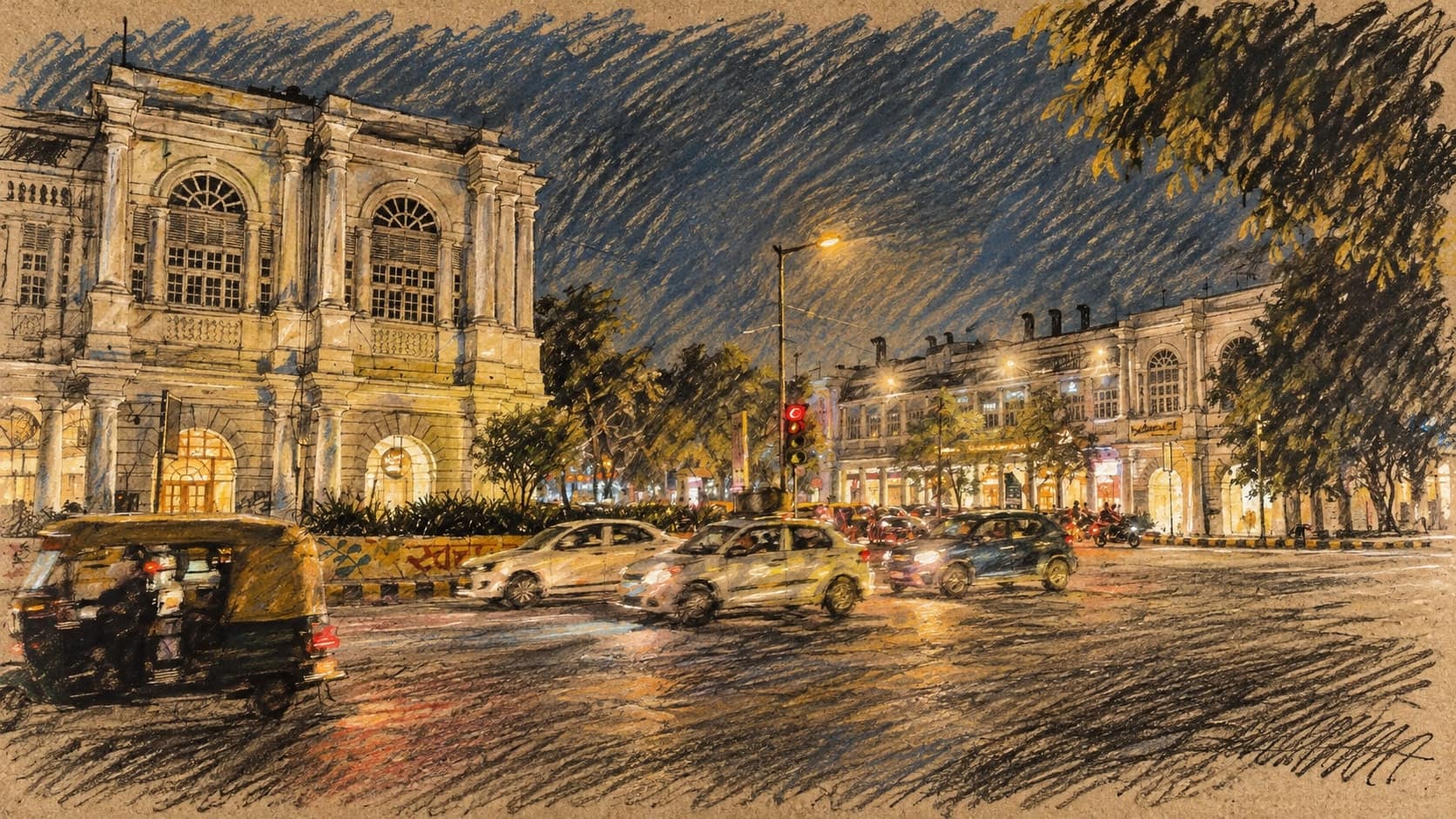 Courtroom-sketch editorial illustration of an archival April 2026 nighttime street view of Connaught Place in New Delhi, with colonnaded buildings, cars and an auto-rickshaw; contextual location illustration, not a depiction of the October detention, release or court proceedings, rendered in warm ochre and slate-blue pastel strokes.