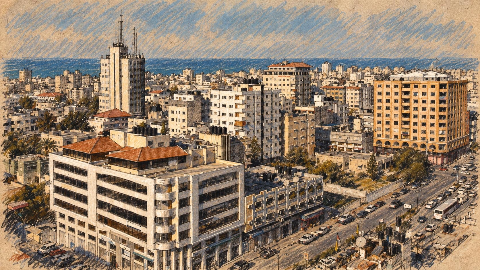 Courtroom-sketch editorial illustration of an archival December 2007 Gaza City panorama with a white office building in front, dense mid-rise blocks, a road at right and the distant Mediterranean, rendered in warm ochre and slate-blue pastel strokes; geographic context, not a depiction of the October 2026 strikes or the operatives.