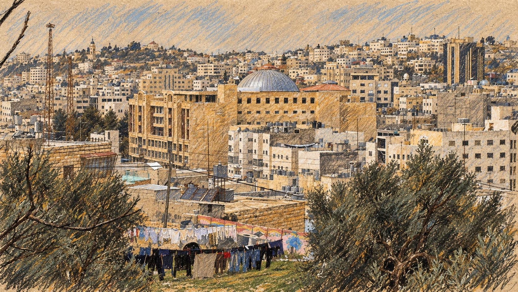 Courtroom-sketch editorial illustration of an archival 2007 view of Hebron city, with foreground trees and laundry, a central domed building and densely packed hillside buildings, rendered in warm ochre and slate-blue pastel strokes; geographic context, not a depiction of Ma’on or the clashes.