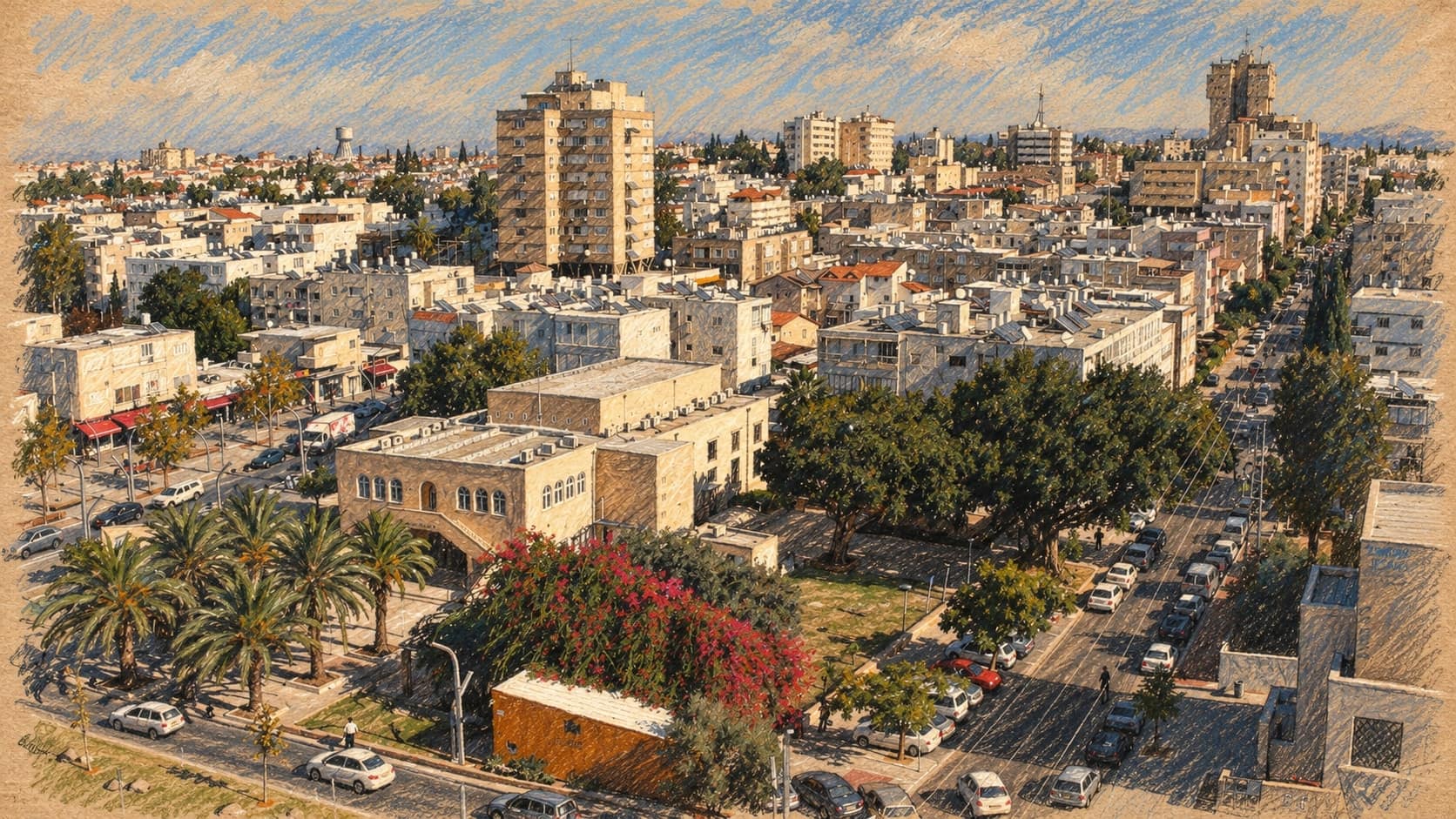 Courtroom-sketch editorial illustration of an archival December 2008 elevated view across Herzliya city centre, with cream buildings, apartment blocks, tree-lined streets and a palm-bordered intersection, rendered in warm ochre and slate-blue pastel strokes; city context, not Hashunit Street or the October 17, 2026 crash.