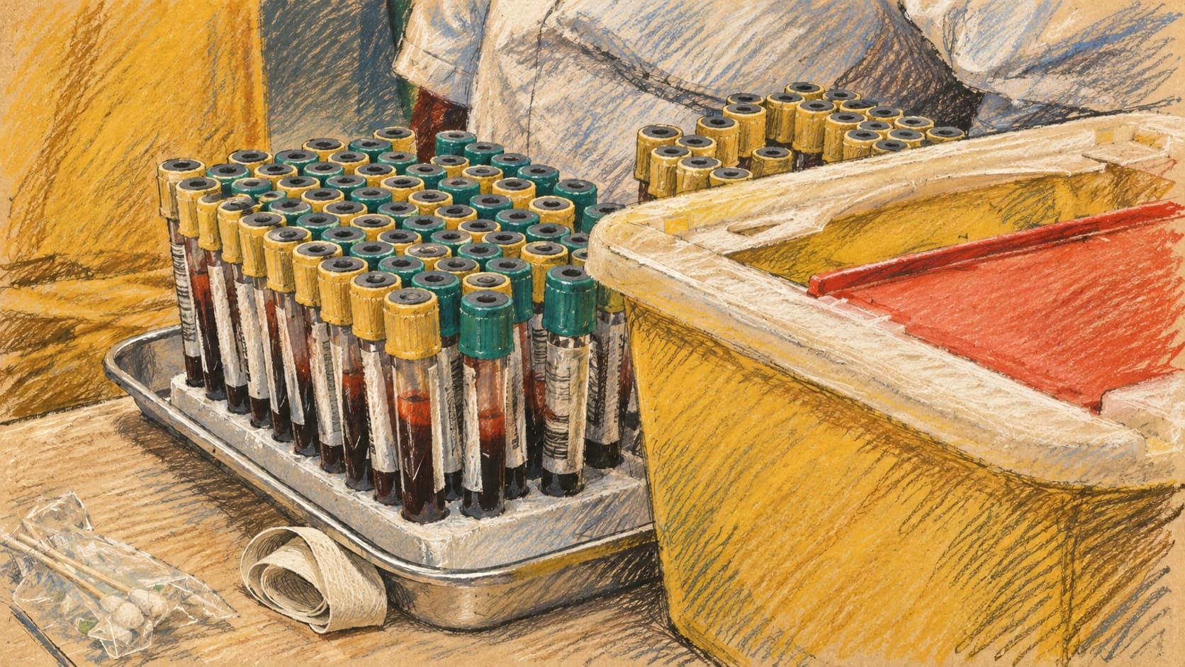 Courtroom-sketch editorial illustration of archival blood-test tubes on a laboratory bench beside a clinical-waste container, used as context rather than a depiction of Kaplan Hospital or the alleged conduct, rendered in warm ochre and slate-blue pastel strokes.