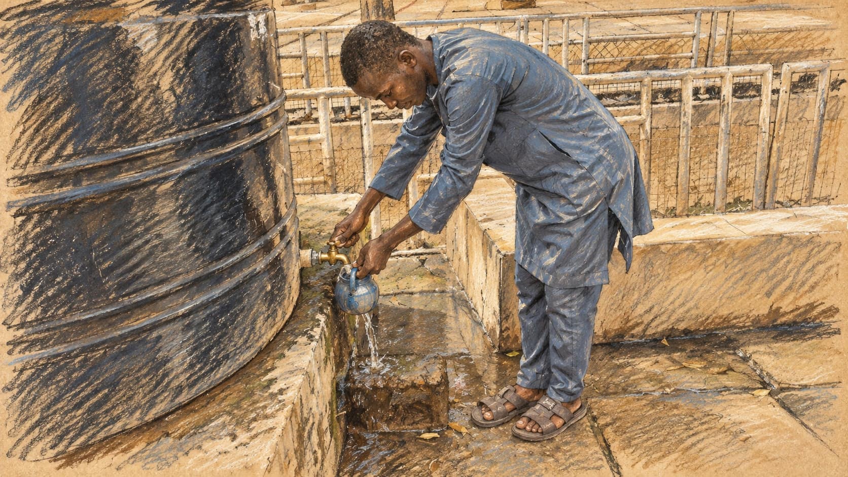 Courtroom-sketch editorial illustration of an archival June 2026 Nigerian public water tap, with a man bending beside a large black tank, concrete wall and metal railings, rendered in warm ochre and slate-blue pastel strokes; contextual water-infrastructure scene, not a depiction of Lagos or the October 2026 disclosure.