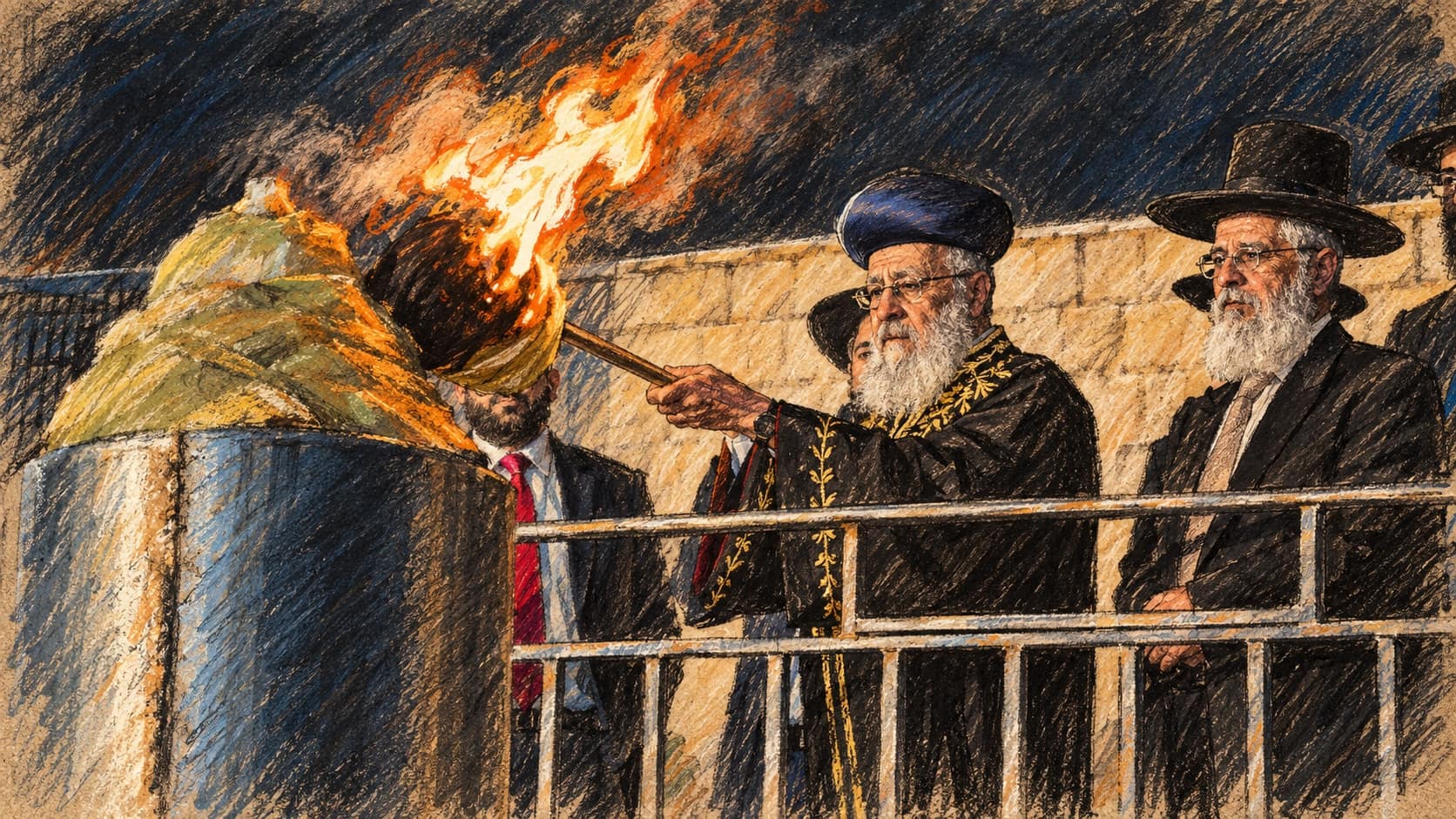 Courtroom-sketch editorial illustration of an archival May 2024 scene of Rabbi Yitzhak Yosef holding a burning torch beside another rabbi behind railings at a Lag BaOmer celebration at the Tomb of Simeon the Just in Jerusalem, rendered in warm ochre and slate-blue pastel strokes; contextual portrait, not the October 2026 election letter or a Temple Mount visit.