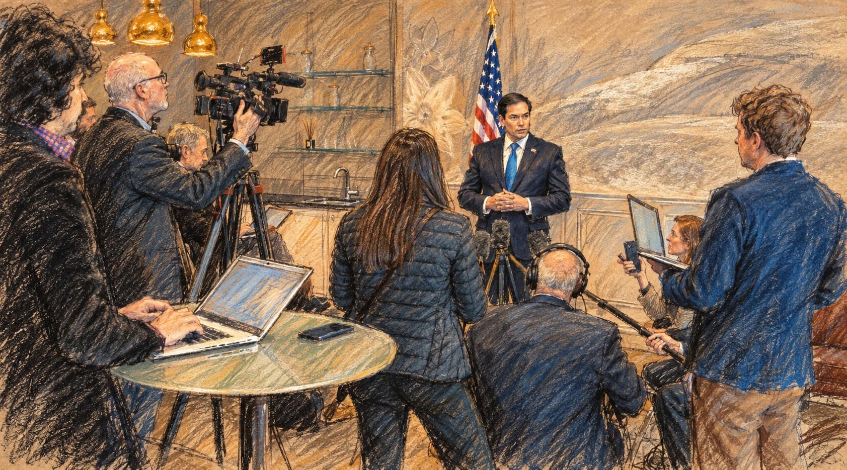Courtroom-sketch editorial illustration of Marco Rubio speaking to journalists with cameras and laptops during an archival March 12, 2025 fuel stop in Shannon, Ireland, rendered in warm ochre and slate-blue pastel strokes; contextual press scene, not the October 17, 2026 remarks.