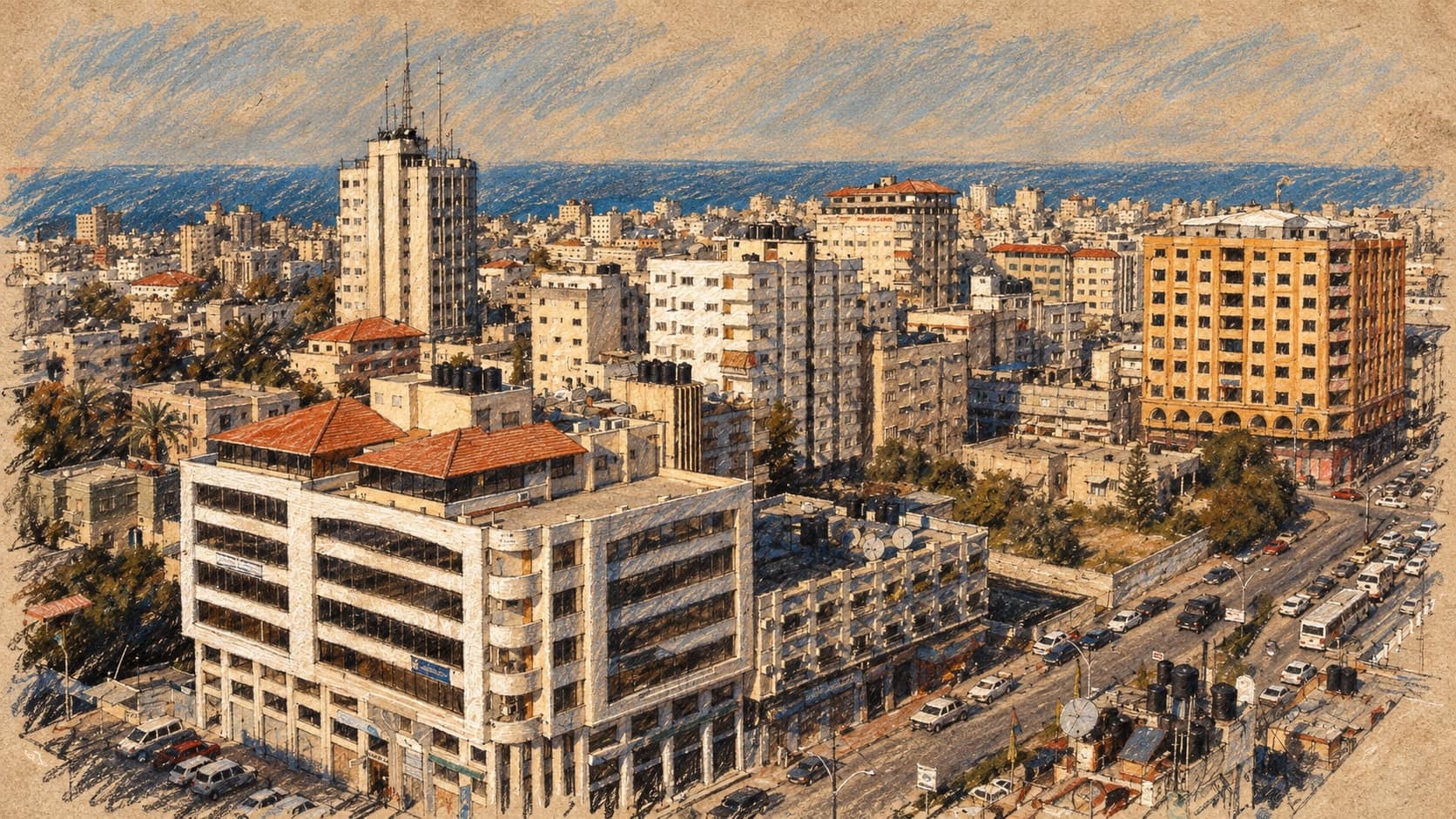 Courtroom-sketch editorial illustration of an archival December 2007 Gaza City panorama with white office buildings, red tiled roofs, a road and the Mediterranean Sea, rendered in warm ochre and slate-blue pastel strokes; contextual city view, not a depiction of the October 2026 strikes.