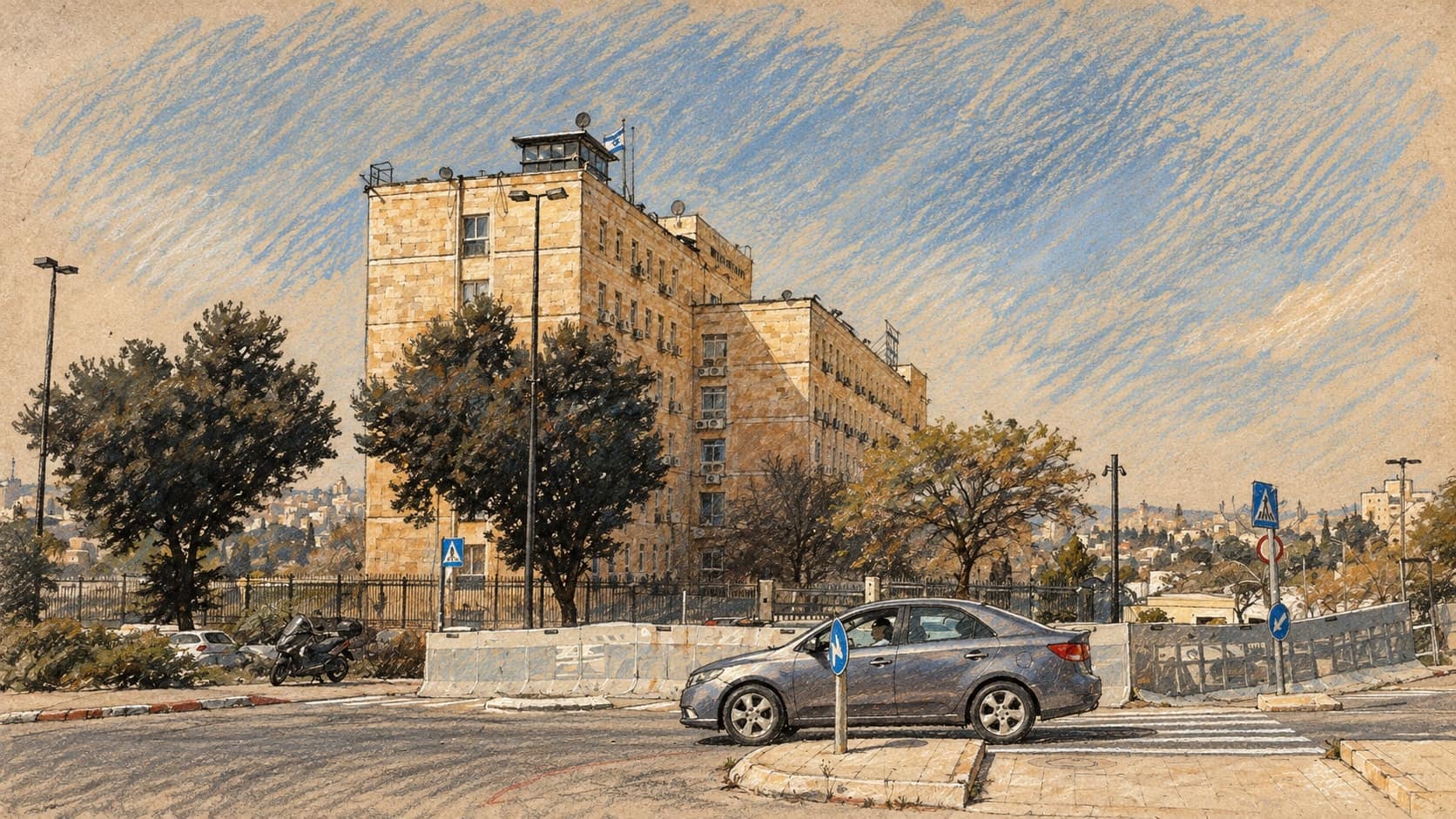 Courtroom-sketch editorial illustration of an archival 2018 exterior view of the Prime Minister Office building in Jerusalem, with trees, perimeter barriers and a sedan on the road; institutional context, not Jonatan Urich or a police interrogation, rendered in warm ochre and slate-blue pastel strokes.