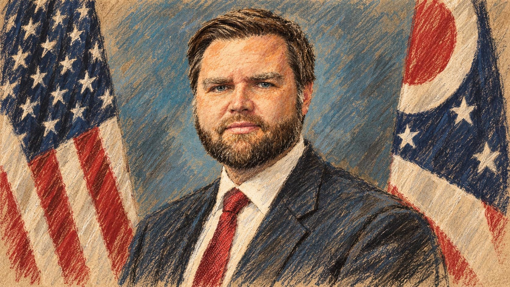 Courtroom-sketch editorial illustration of an archival 2023 official portrait of JD Vance wearing a dark suit and red tie between the United States and Ohio flags, rendered in warm ochre and slate-blue pastel strokes; contextual portrait, not the October 19 interview.
