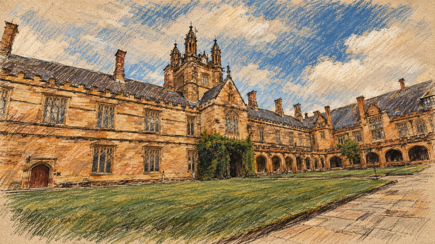 Courtroom-sketch editorial illustration of the University of Sydney Main Quadrangle, with its sandstone Gothic clock tower, green courtyard lawn and paved walkway in an archival February 2021 view, rendered in warm ochre and slate-blue pastel strokes. Institutional context, not a depiction of study participants or the research event.