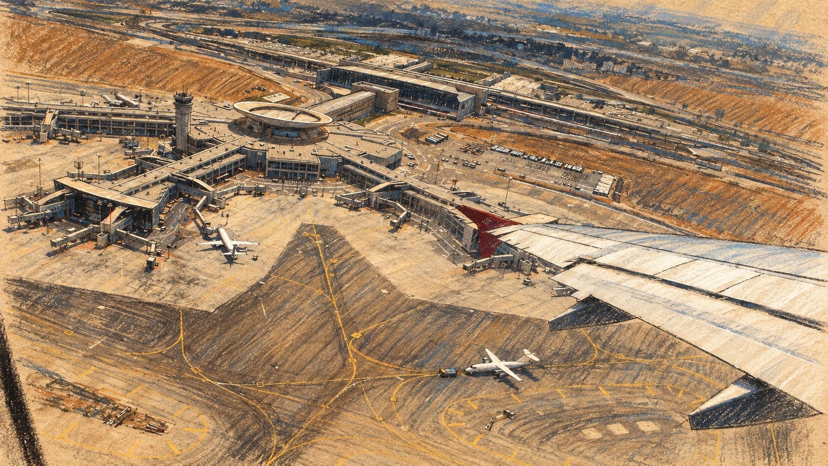 Courtroom-sketch editorial illustration of an archival 2006 aerial view of Ben Gurion Airport terminal 3 and its apron, seen past an aircraft wing, rendered in warm ochre and slate-blue pastel strokes. This contextual view does not depict the reported detentions.