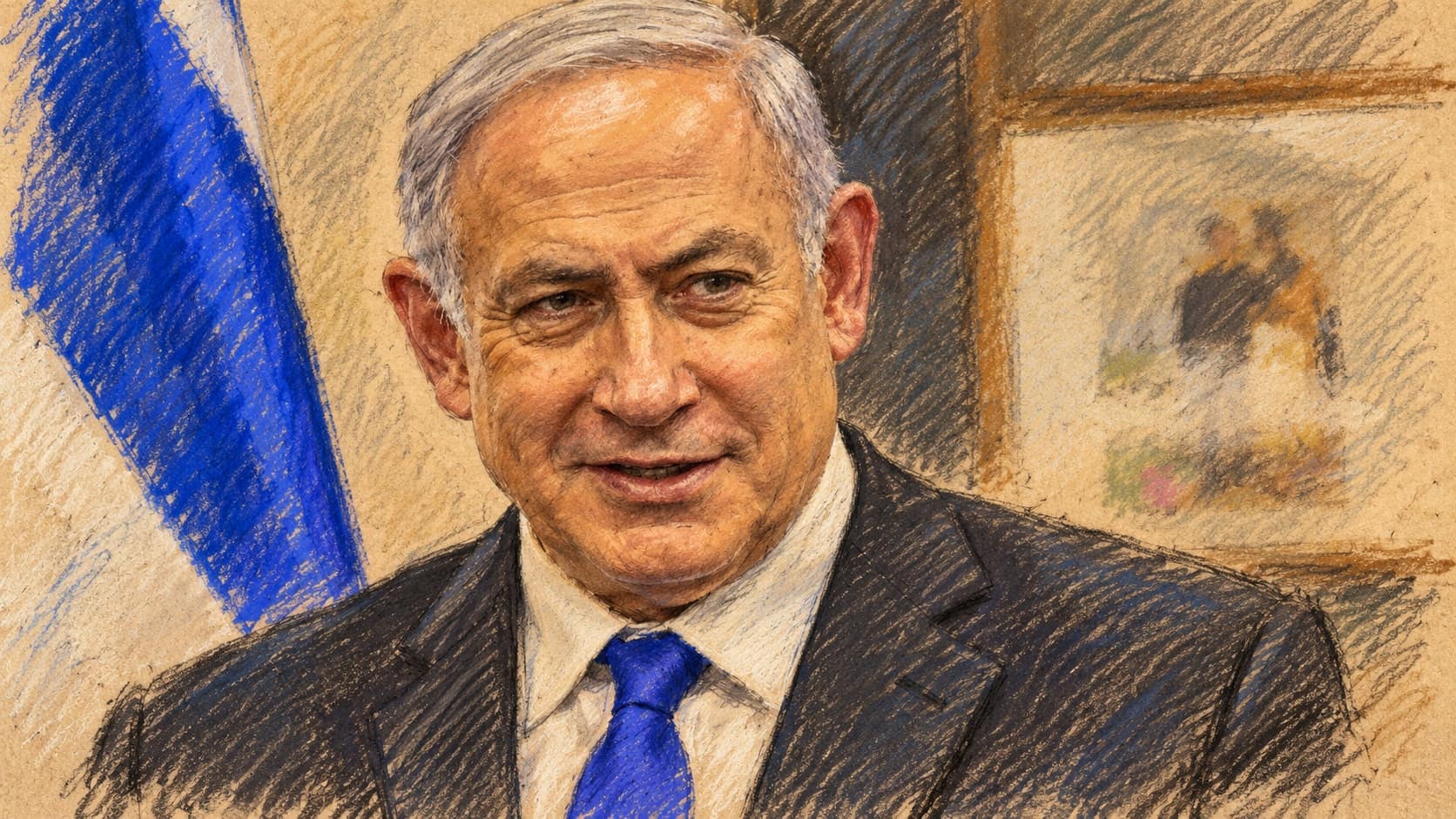 Courtroom-sketch editorial illustration of an archival April 2018 portrait of Benjamin Netanyahu in a dark suit and blue tie beside a partial Israeli flag, rendered in warm ochre and slate-blue pastel strokes. Contextual portrait, not a depiction of the October 2026 university opening or campus.