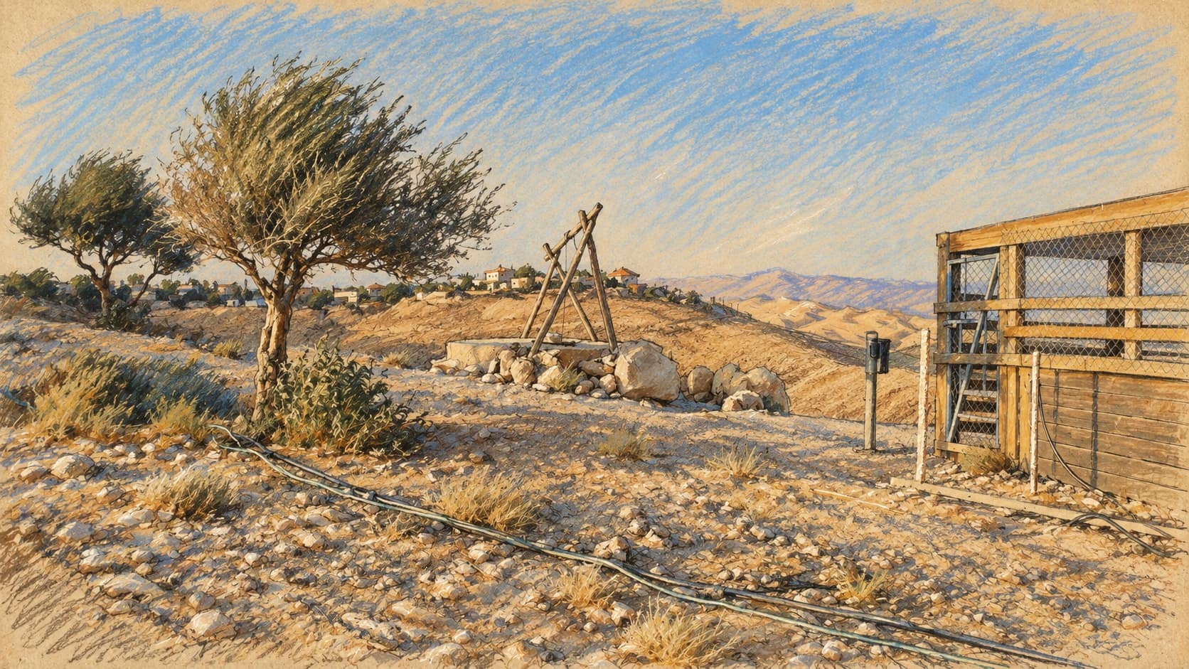 Courtroom-sketch editorial illustration of archival July 2020 olive trees on a dry rocky hillside near Jericho, with a wooden fenced structure and distant hills, rendered in warm ochre and slate-blue pastel strokes. Contextual landscape, not a depiction of Brad Lander, the harvest or the reported October 2026 detention.