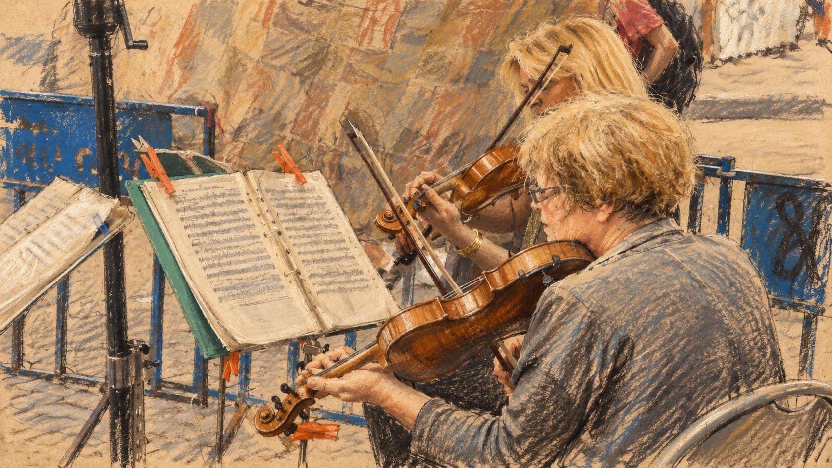 Courtroom-sketch editorial illustration of two seated violinists reading sheet music at an archival May 2016 street concert in Tel Aviv, rendered in warm ochre and slate-blue pastel strokes. Contextual music scene, not a depiction of the November 2026 International Music Showcase.