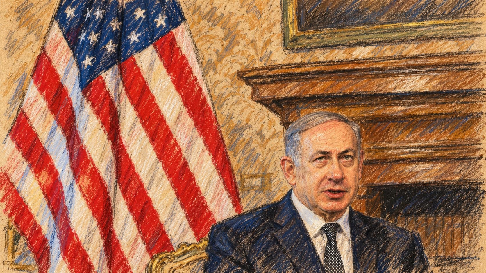 Courtroom-sketch editorial illustration of Benjamin Netanyahu seated beside a United States flag and fireplace during an archival June 2016 press appearance in Rome, rendered in warm ochre and slate-blue pastel strokes. Contextual portrait, not a depiction of the October 2026 Bahad 1 speech.