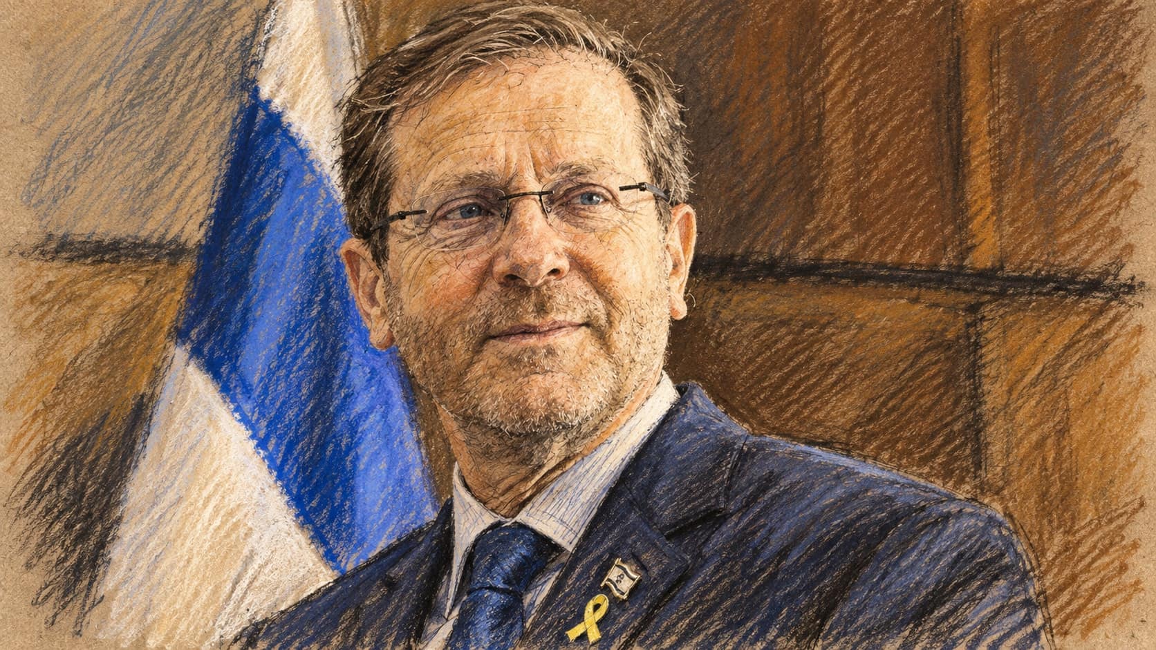 Courtroom-sketch editorial illustration of an archival June 2024 portrait of Israeli President Isaac Herzog wearing glasses and a dark suit beside a partially visible Israeli flag, rendered in warm ochre and slate-blue pastel strokes. Contextual portrait, not a depiction of the October 2026 memorial ceremony.