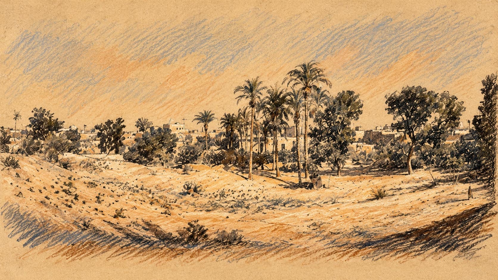 Courtroom-sketch editorial illustration of an archival July 1917 view of Khan Yunis with sandy ground, palms and low buildings; historical place context, not a depiction of the October 2026 strike or the current city, rendered in warm ochre and slate-blue pastel strokes.