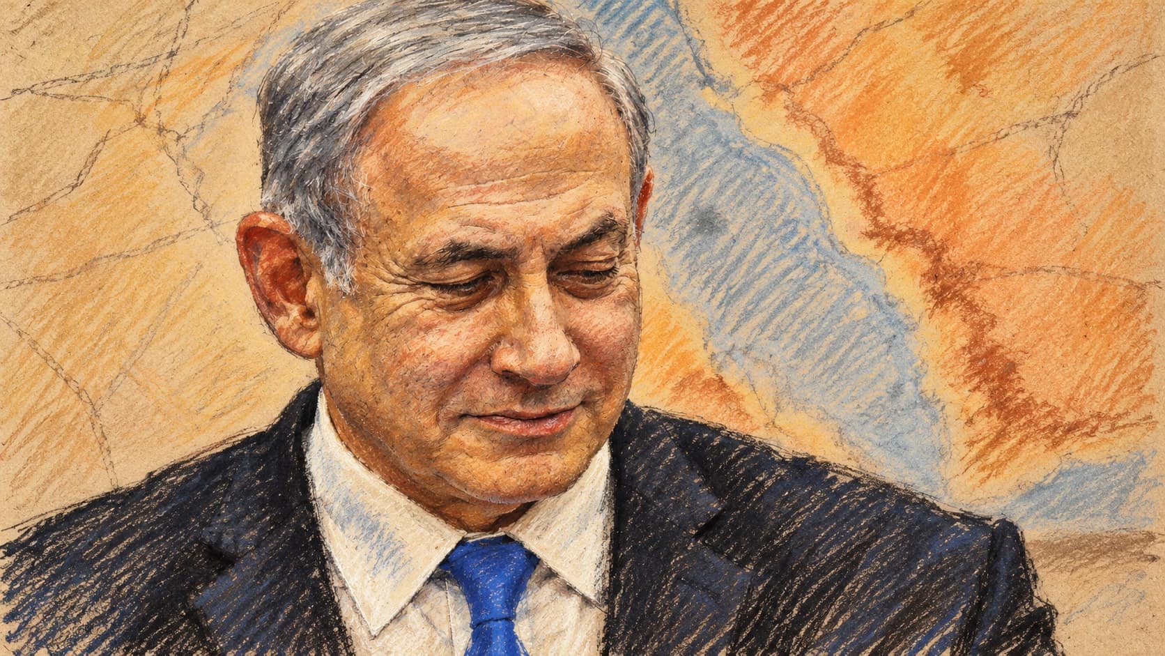 Courtroom-sketch editorial illustration of an archival March 21, 2019 portrait of Benjamin Netanyahu in a dark suit and blue tie looking downward against a wall map in Jerusalem, rendered in warm ochre and slate-blue pastel strokes; contextual portrait, not a depiction of the October 2026 bottle incident.