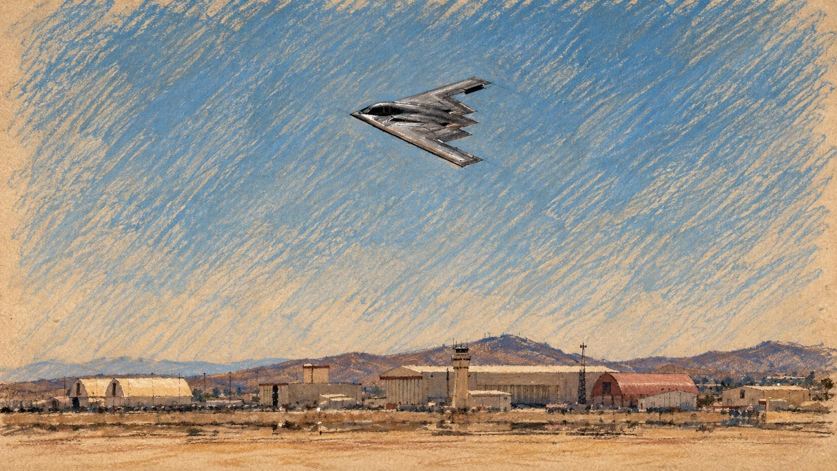Courtroom-sketch editorial illustration of an archival July 2023 B-2 Spirit flight test above hangars and desert terrain at Edwards Air Force Base; military context, not a depiction of a new strike or the reported contingency planning, rendered in warm ochre and slate-blue pastel strokes.