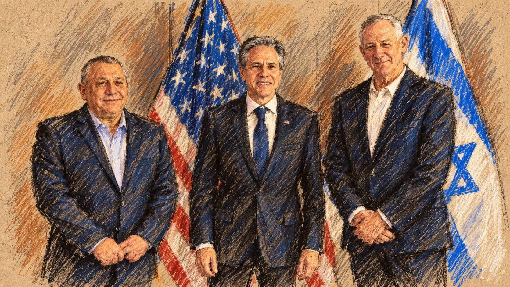 Courtroom-sketch editorial illustration of an archival February 2024 meeting in Tel Aviv, with Gadi Eisenkot at left, Antony Blinken at center and Benny Gantz at right before United States and Israeli flags, rendered in warm ochre and slate-blue pastel strokes; contextual imagery, not a depiction of the October 2026 poll.