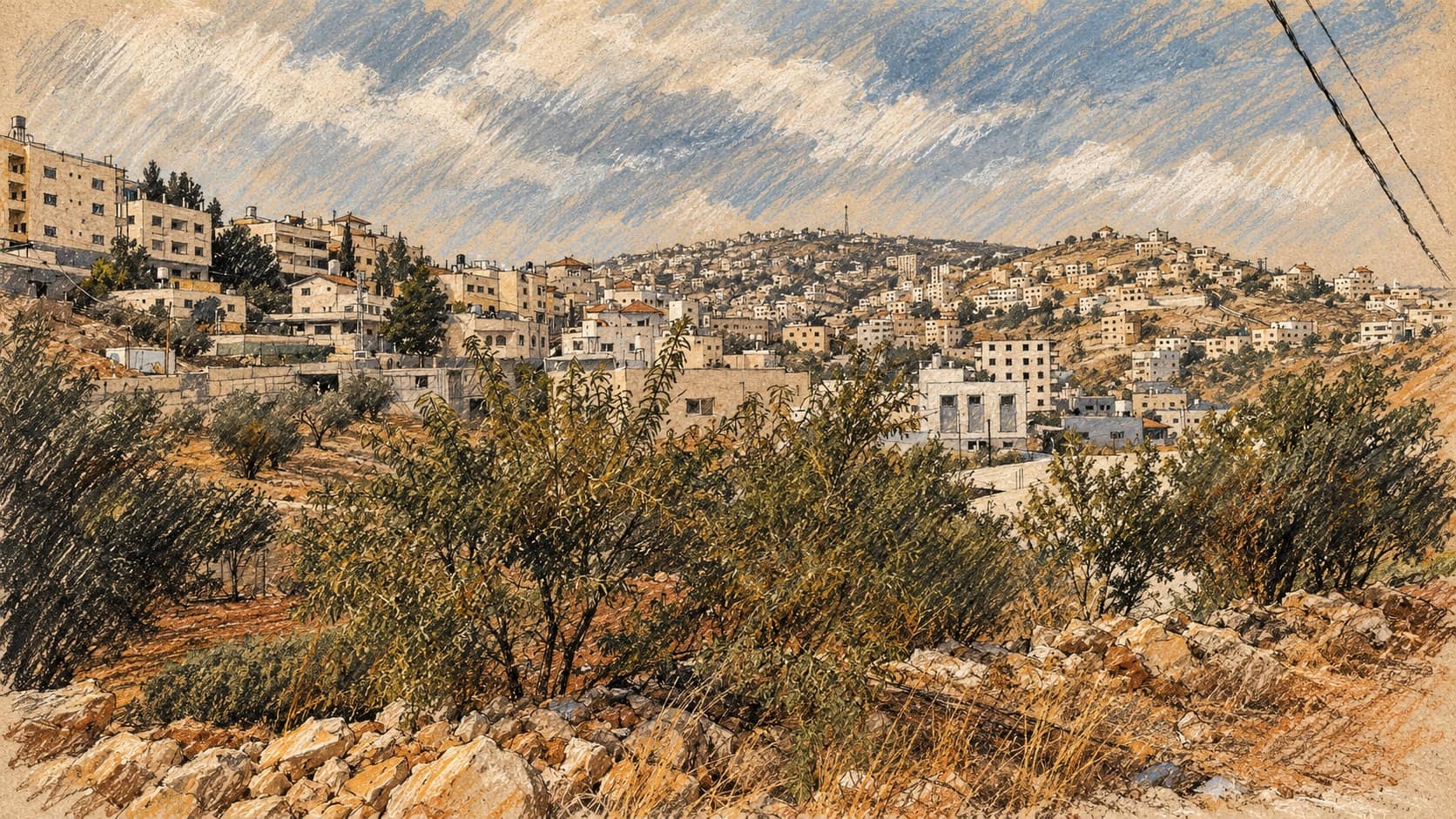 Courtroom-sketch editorial illustration of an archival October 12, 2026 view of Aqraba from the south, with stone homes on hills and olive trees in the foreground; contextual town view, not a depiction of the September 18 shooting or the October 23 indictment, rendered in warm ochre and slate-blue pastel strokes.