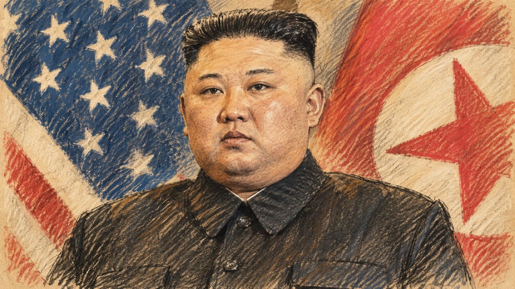 Courtroom-sketch editorial illustration of an archival 2019 portrait of Kim Jong Un in a dark jacket before U.S. and North Korean flags, rendered in warm ochre and slate-blue pastel strokes; contextual portrait, not the Dandong talks.