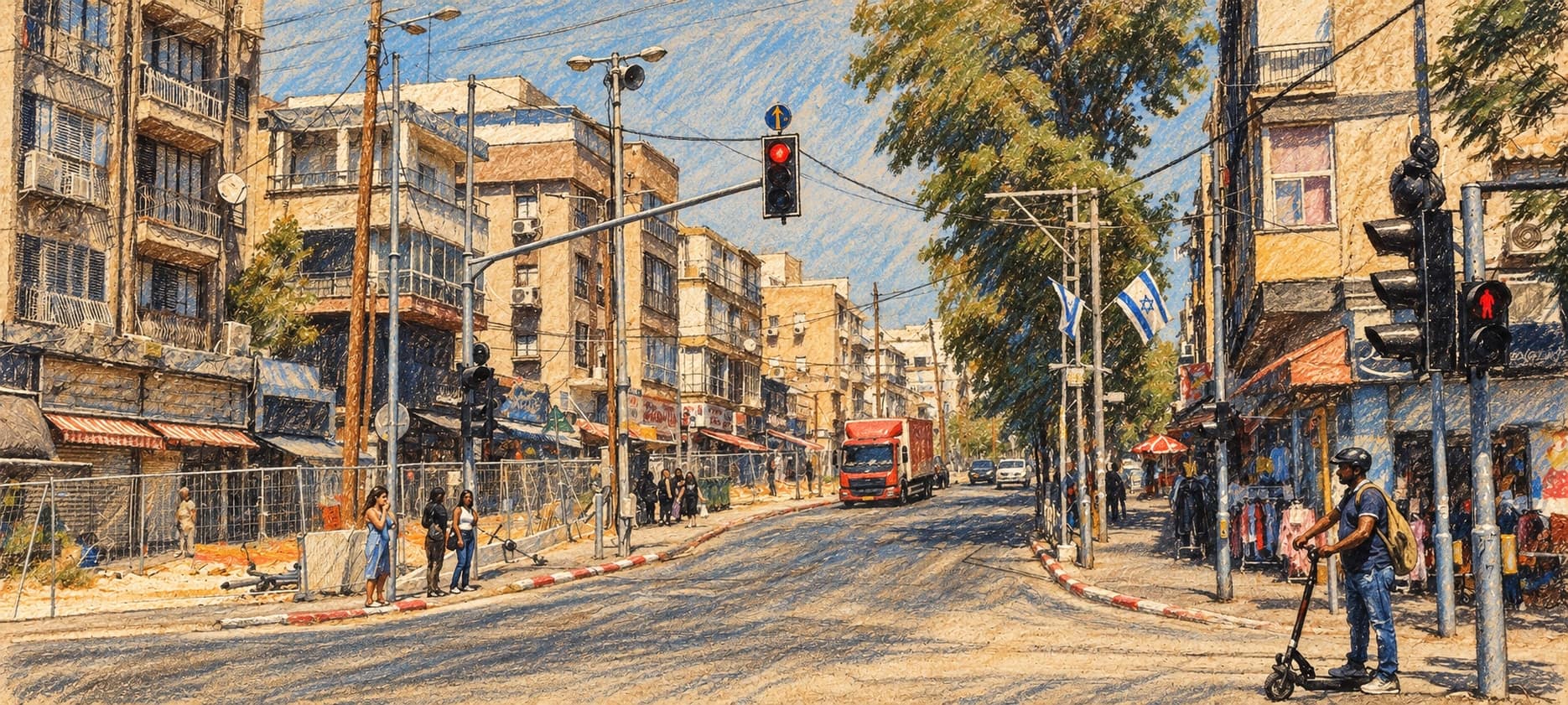 Courtroom-sketch editorial illustration of an archival June 2024 view of Sokolov Street in Holon, with shopfronts, low-rise buildings, traffic signals, trees, pedestrians and a distant truck, rendered in warm ochre and slate-blue pastel strokes; contextual city imagery, not Begin Street or the October 2026 fatal collision.