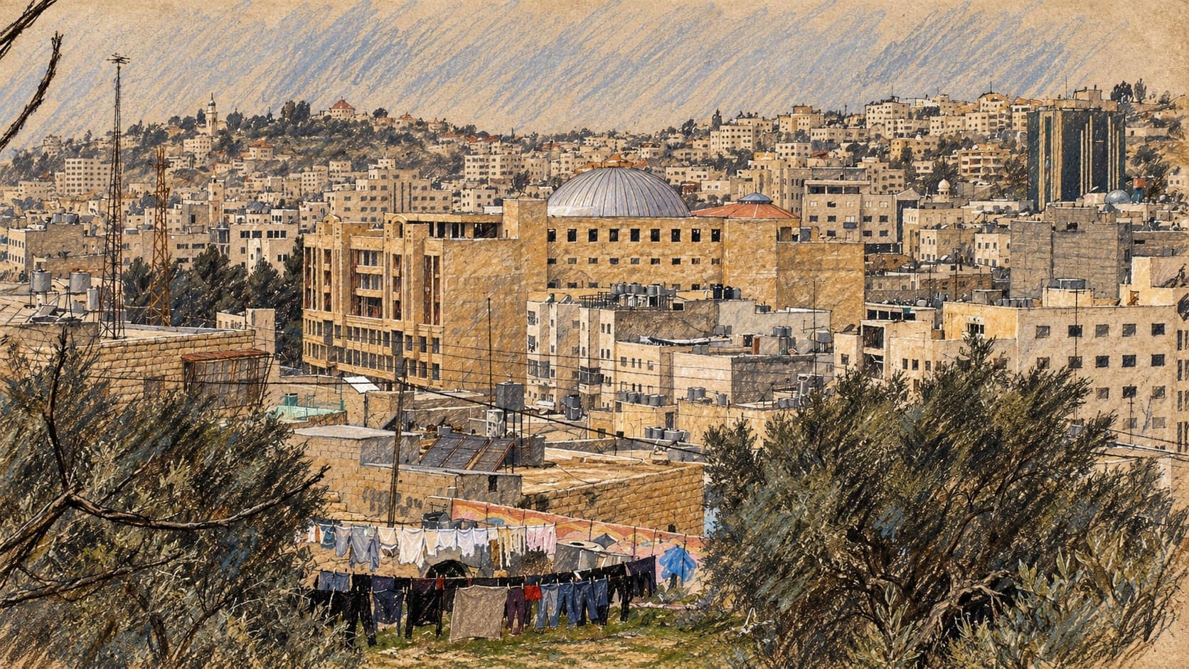 Courtroom-sketch editorial illustration of an archival March 2007 view over Hebron, with dense pale stone hillside buildings, a central domed building, olive trees and hanging laundry, rendered in warm ochre and slate-blue pastel strokes; contextual cityscape, not a depiction of the October 2026 counterterror operation or displaced families.