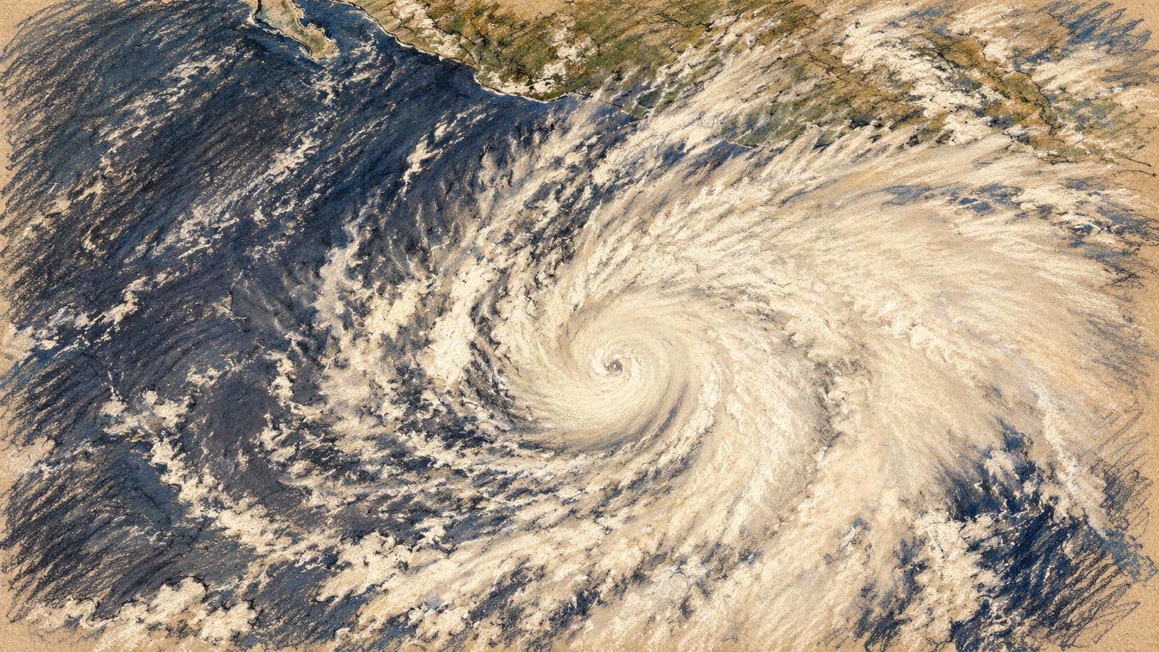 Courtroom-sketch editorial illustration of Hurricane Vance's swirling clouds and eye over the eastern Pacific, with Mexico's coast along the upper edge, based on NOAA-20 satellite imagery from October 23, 2026, rendered in warm ochre and slate-blue pastel strokes; previous-day view, not the October 24 advisory observation.