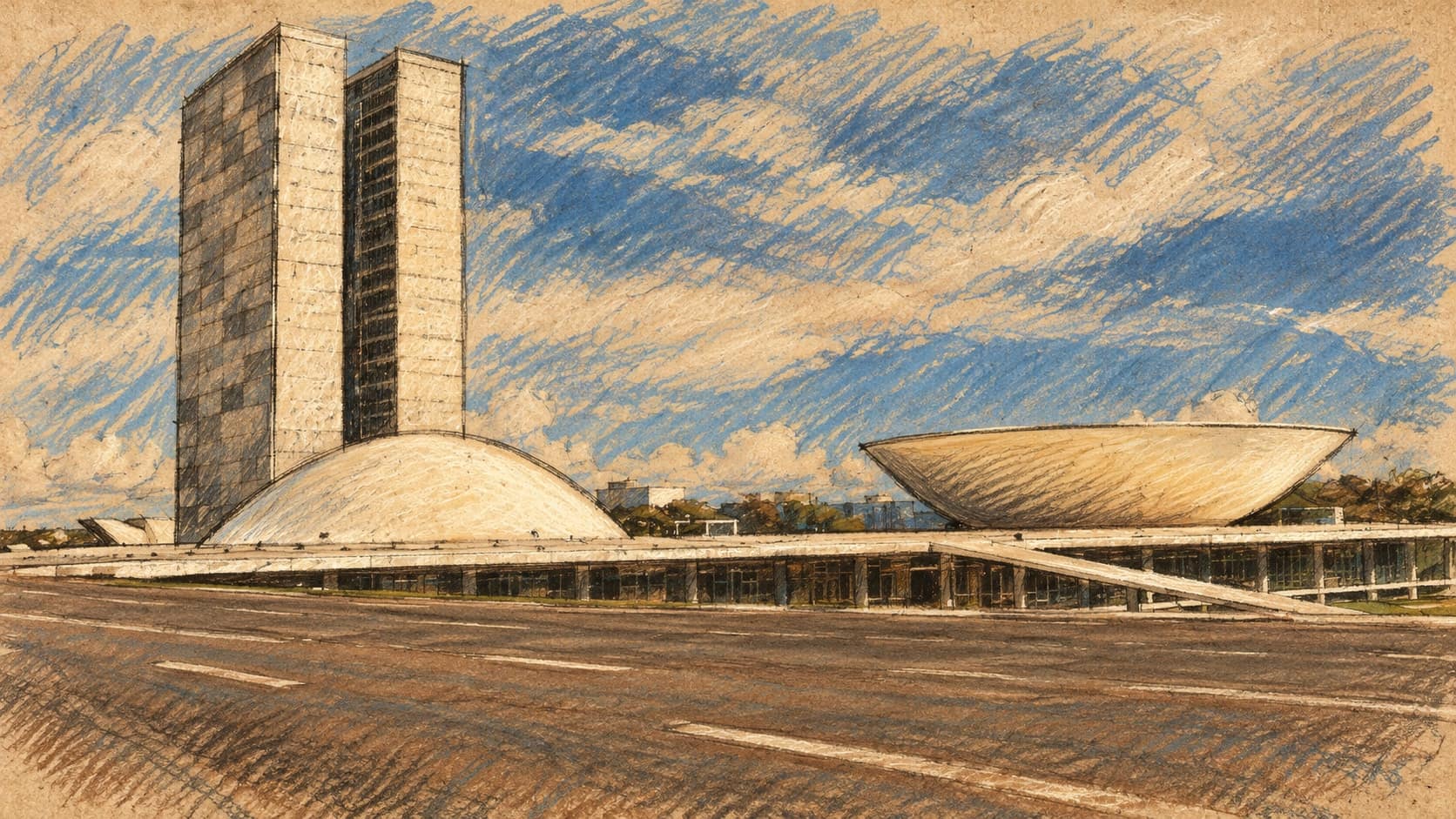 Courtroom-sketch editorial illustration of an archival 2005 view of Brazil’s National Congress in Brasília, with twin towers, a domed chamber, a bowl-shaped chamber and an empty roadway, rendered in warm ochre and slate-blue pastel strokes; contextual political imagery, not a depiction of Lula, Flávio Bolsonaro or their October 2026 debate.