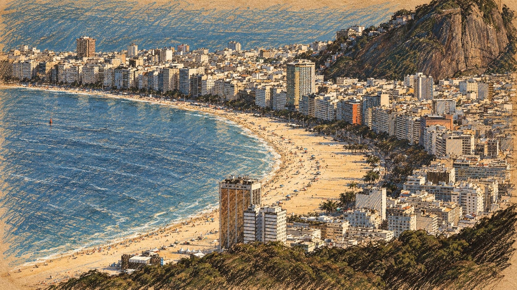 Courtroom-sketch editorial illustration of an archival June 2024 elevated view of Copacabana beach curving around the bay beside waterfront buildings and rocky green hills in Rio de Janeiro, rendered in warm ochre and slate-blue pastel strokes; contextual location view, not the October 24, 2026 rally.
