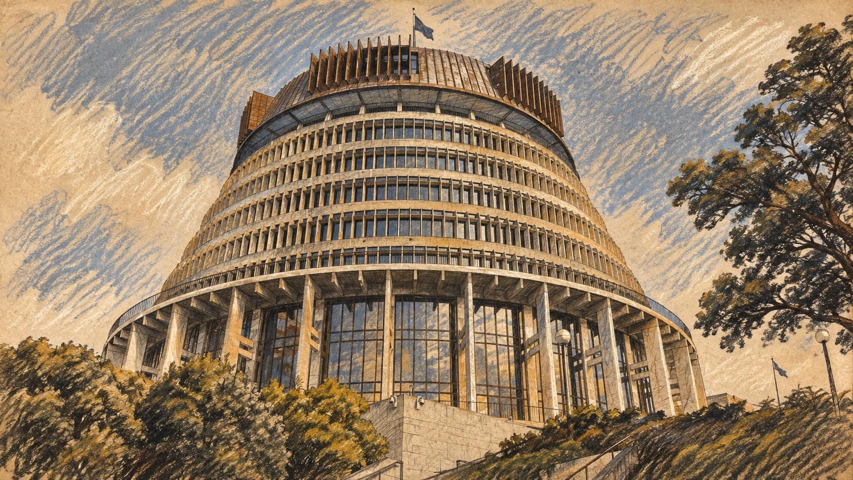 Courtroom-sketch editorial illustration of an archival October 2024 exterior of the Beehive executive wing of New Zealand Parliament in Wellington, framed by trees and shrubs, rendered in warm ochre and slate-blue pastel strokes; contextual building scene, not the August 2026 announcement or newly disclosed emails.